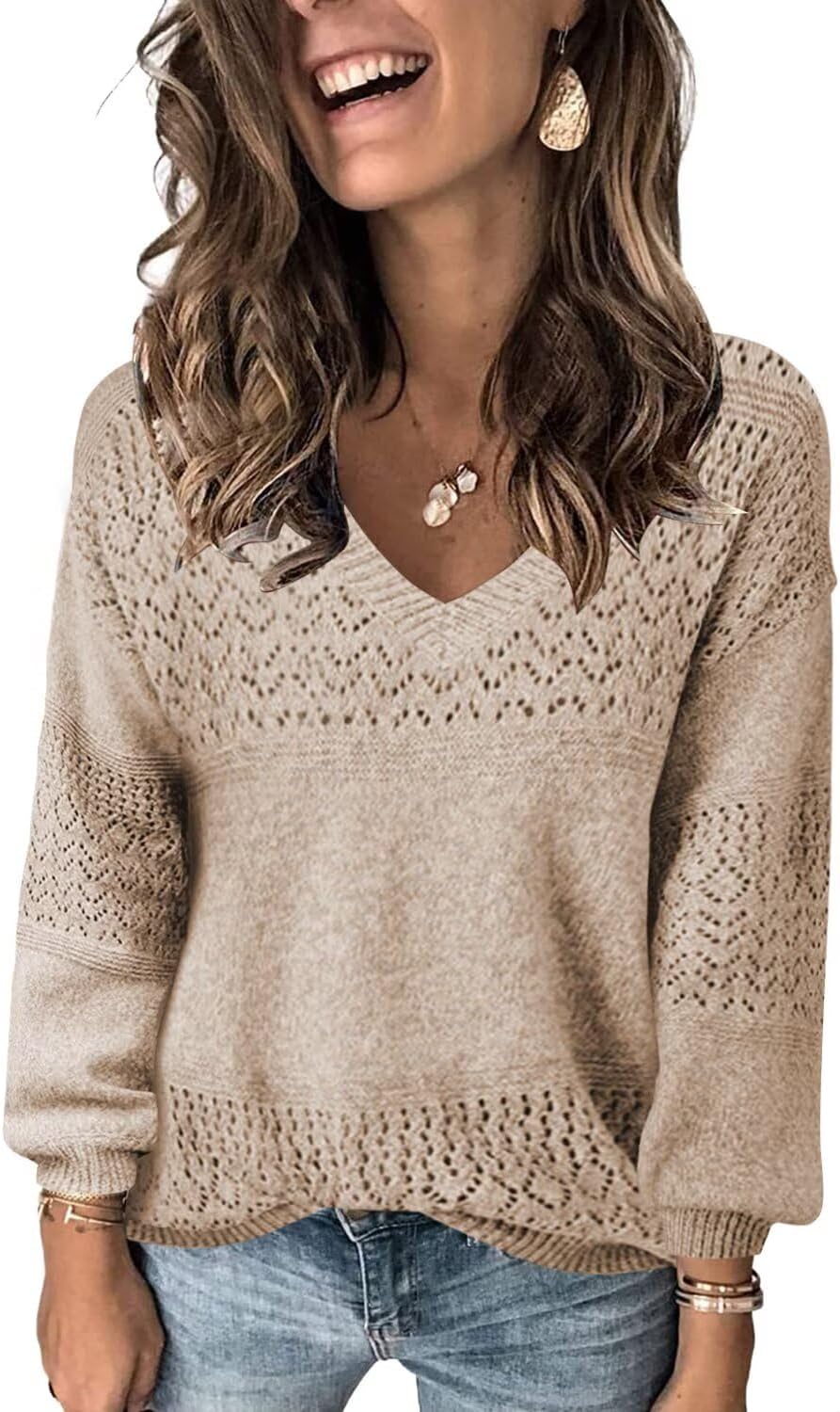 JOCAFIYE Womens Sweaters Casual Long Sleeve V Neck Lightweight Hollow Out Pullover Sweater Tops