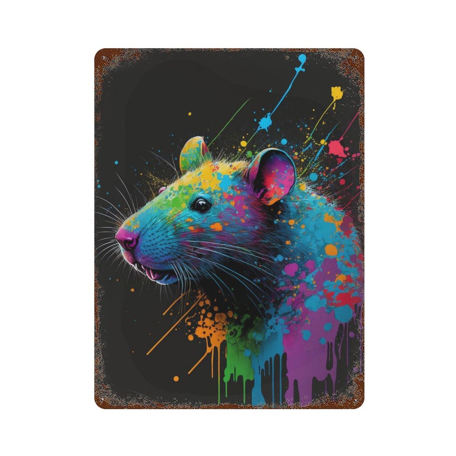 Colorful Rat Art Print Retro Metal Sign 15.7"x11.8", Novelty Wall Decor for Farmhouse, Kitchen And Entryway Decor