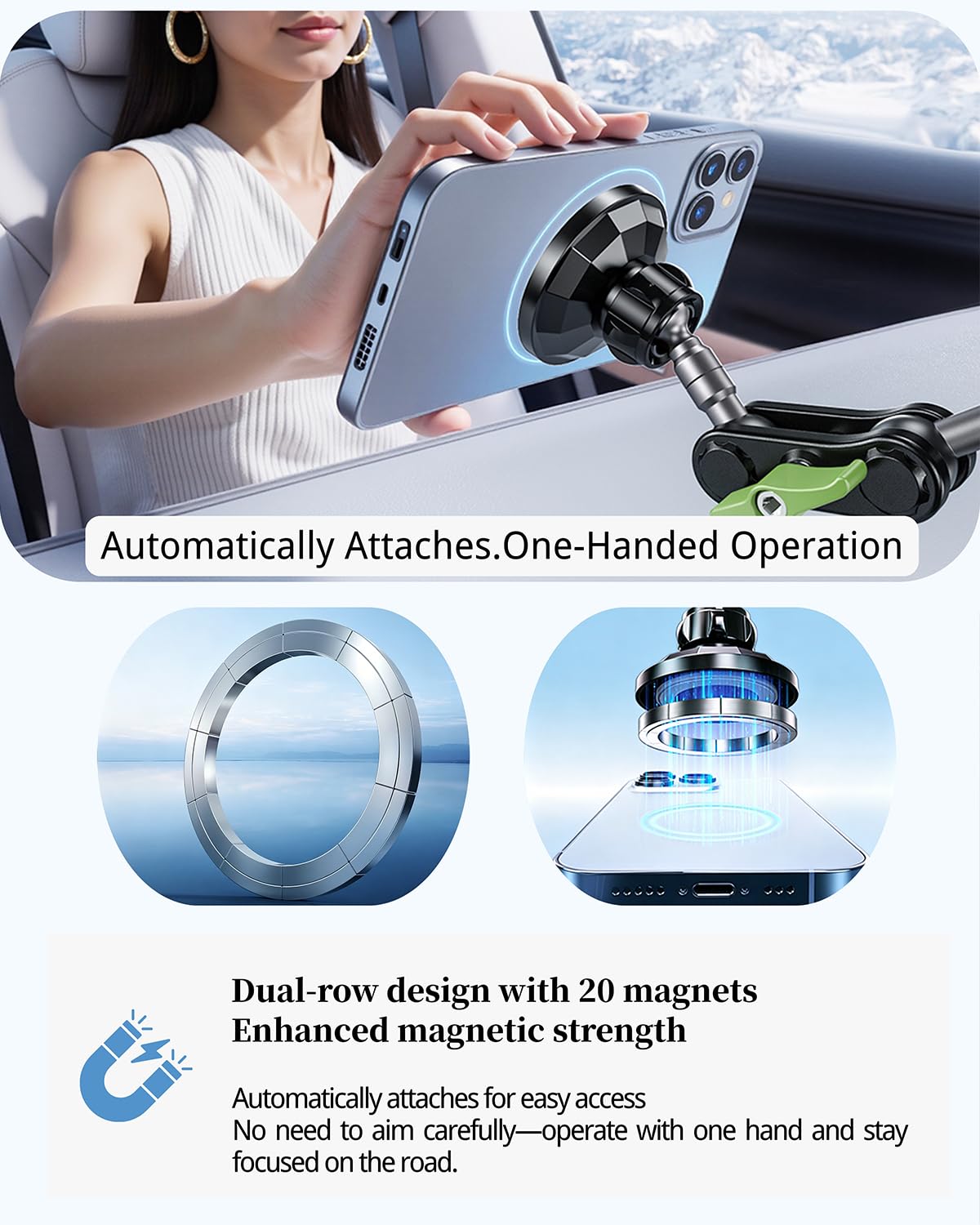Magnetische KFZ-Handyhalterung, ultra stabile Windschutzscheiben-Handyhalterung, starker Saugnapf und leistungsstarker Magnet, 360° drehbar, langlebige Premium-Aluminiumlegierung, für alle