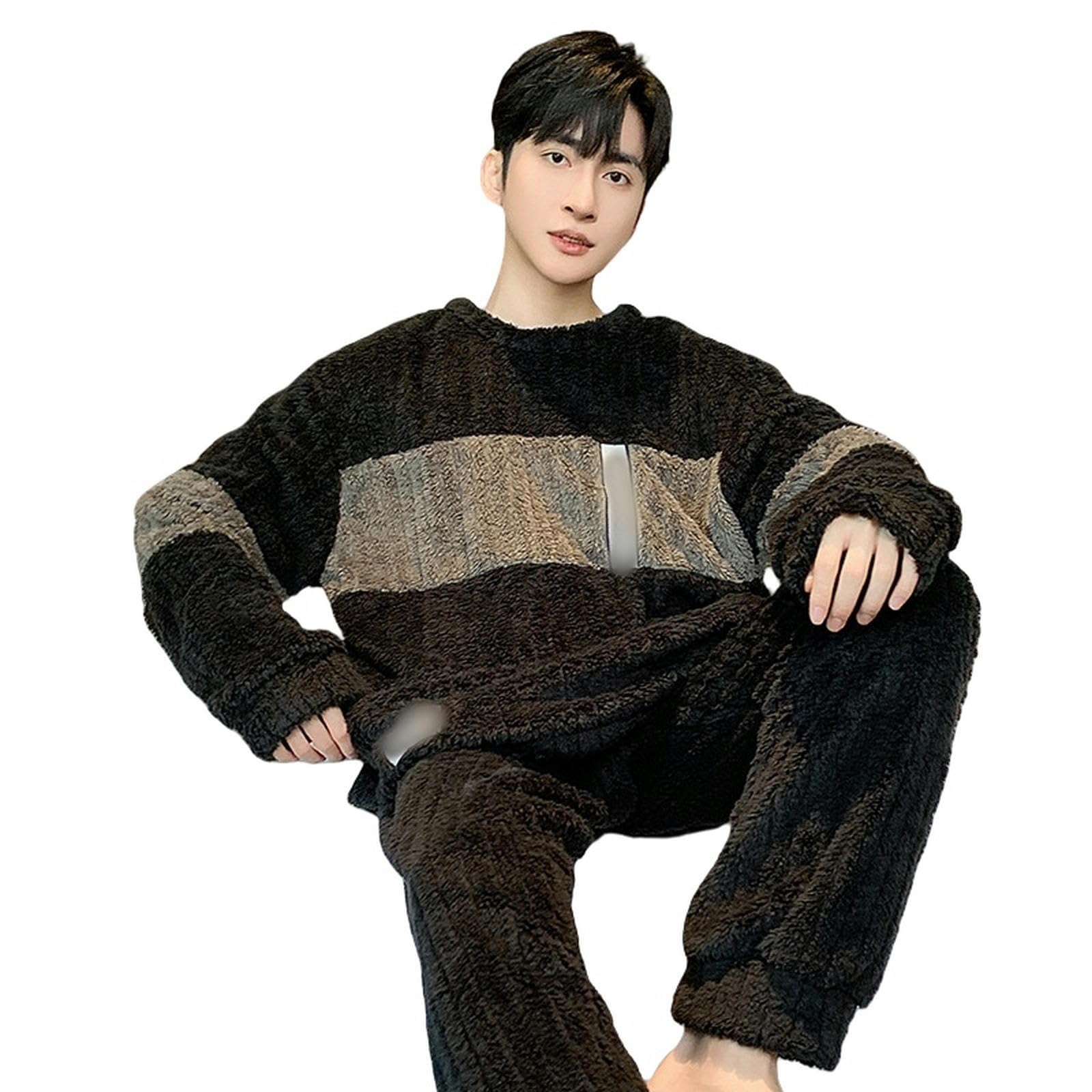 Pigiama in Flanella Pigiatura da Uomo A Manica Lunga Jacquard Abiti da Casa Peluche Inverno Sciolto Caloroso Set A Due Pezzi-Black+caffè-XXL