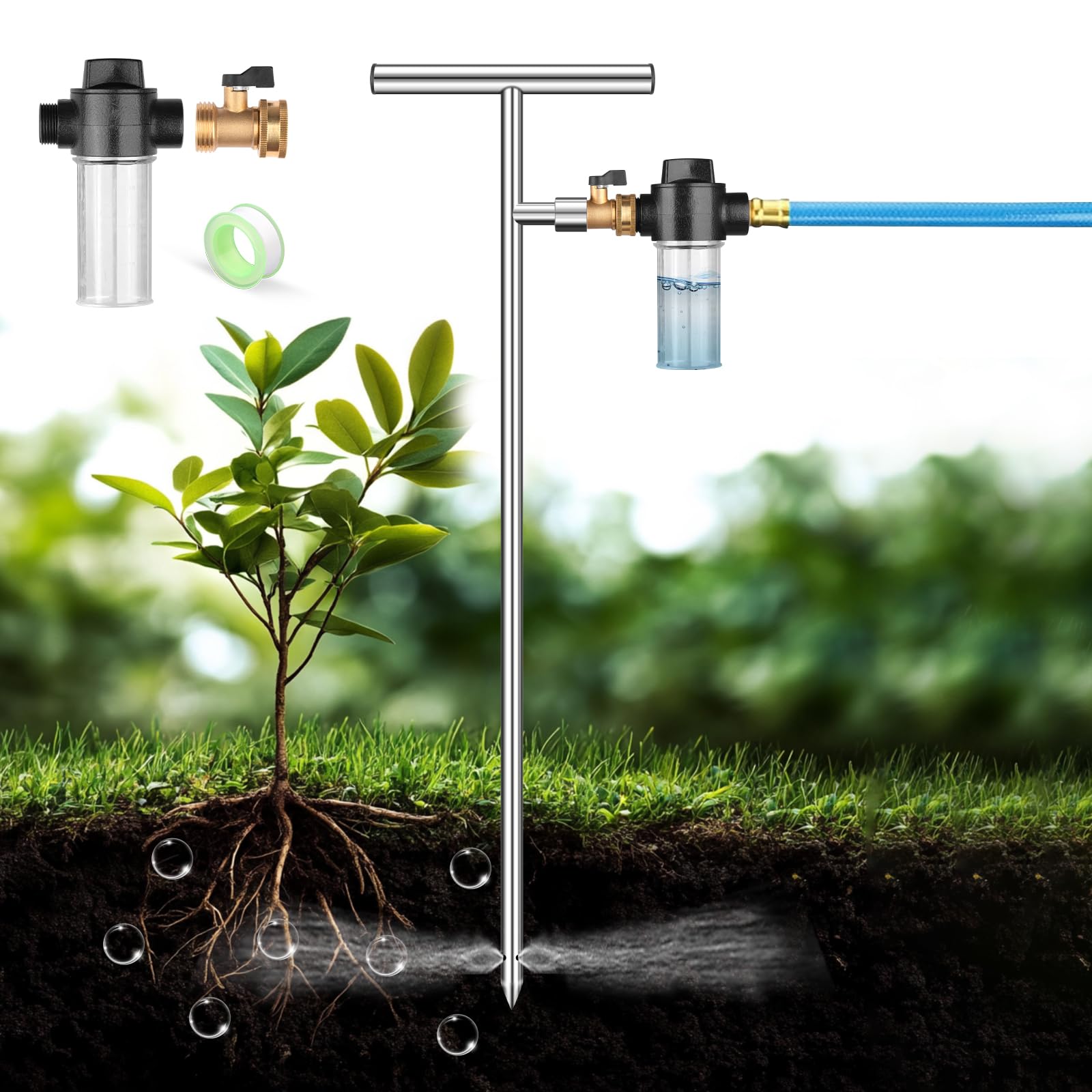 Wurzelgießer mit Dünger Flasche, 81cm Edelstahl Pflanzen Bewässerungshilfe, Wurzelbewässerung mit T-Griff & Ventil für Garten, Bauernhof, Wassersparendes Gießsystem, Gießstab für Wurzel