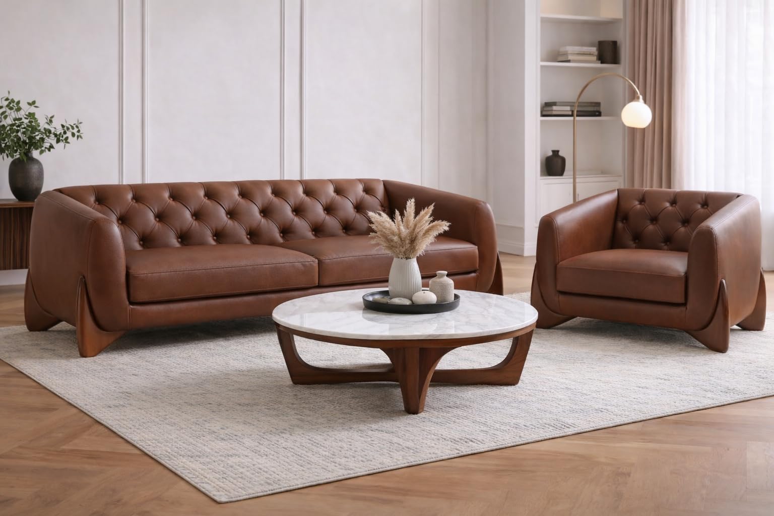 Modern Tufted Sofa with Wooden Base, Leatherette Upholstery, Contemporary Design (Brown, 3+1 Seater)-image-37