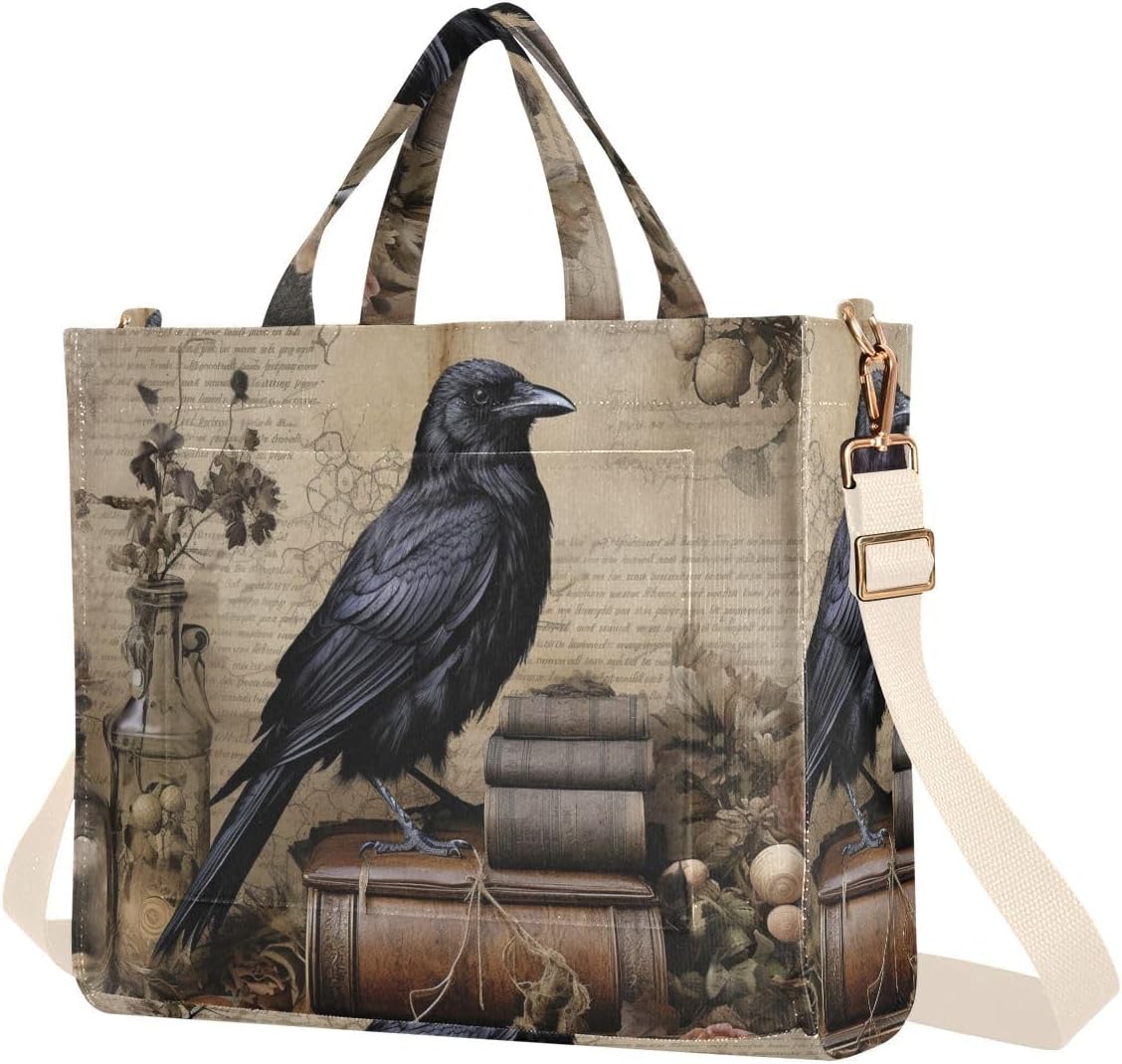 Corduroy Tote Bag for Women Gothic Crow Book Print, Handbag Purses with Detachable Strap Size Small