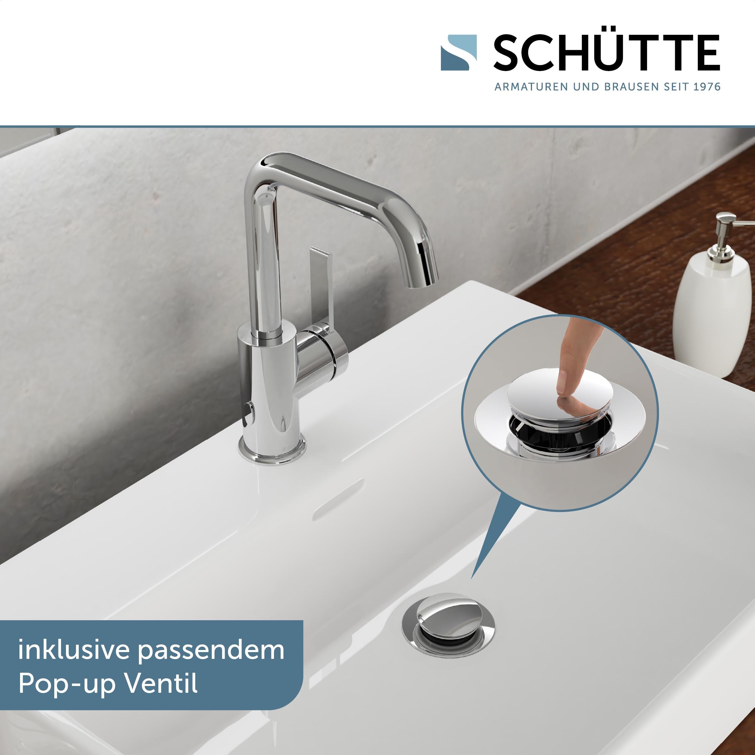 SCHÜTTE 33120 Waschtischarmatur LOS ANGELES mit hohem Auslauf, Wasserhahn für das Bad mit Pop-Up Exzenter, Waschbeckenarmatur hoch, Badarmatur mit Einhebelmischer, Mischbatterie in Chrom