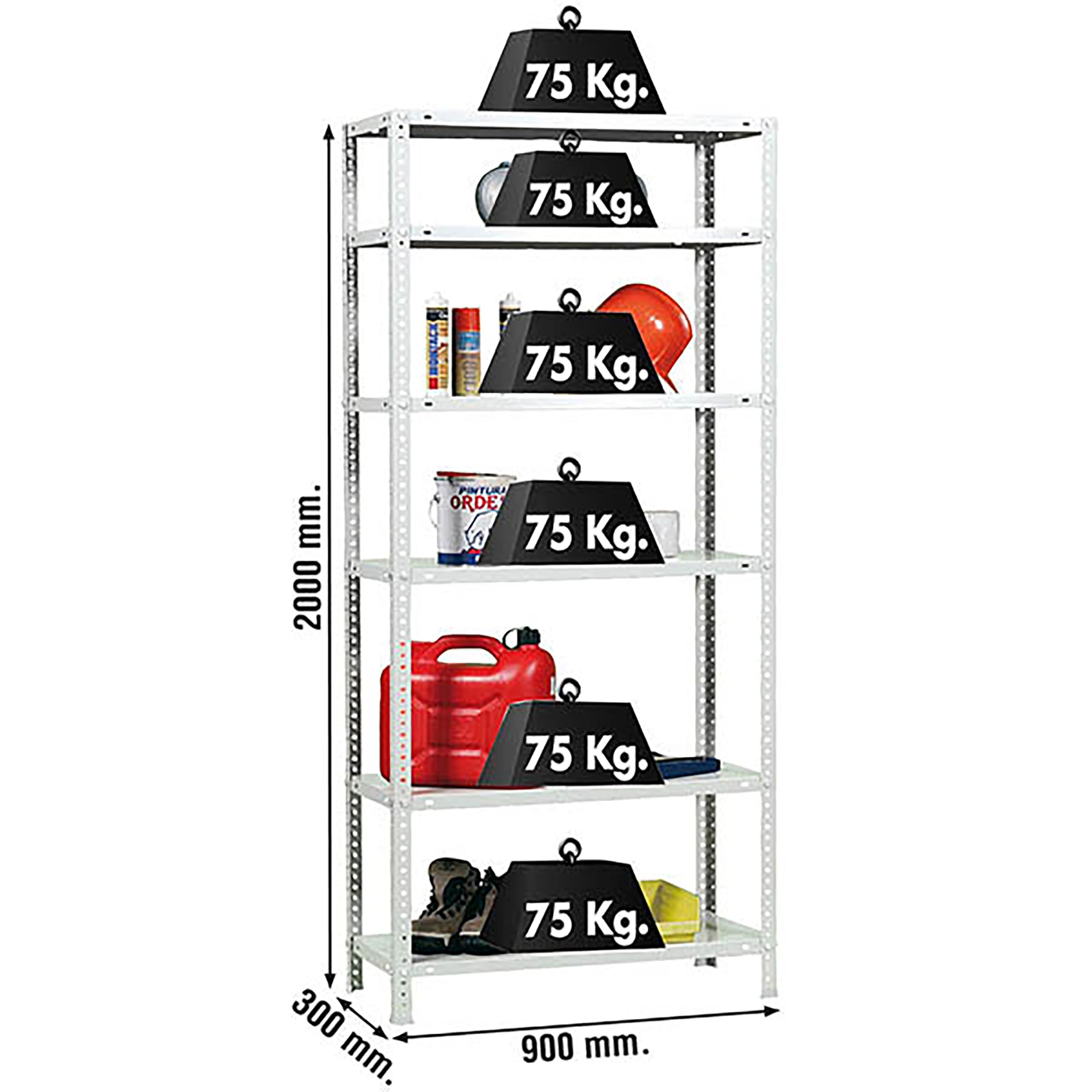 Simon Rack Étagère de Rangement et 6 Niveaux, 75 kg Capacité de Charge et Point de Flexion, 2000x900x300 mm, Métal, Étagère Garage, Blanc - Advantage