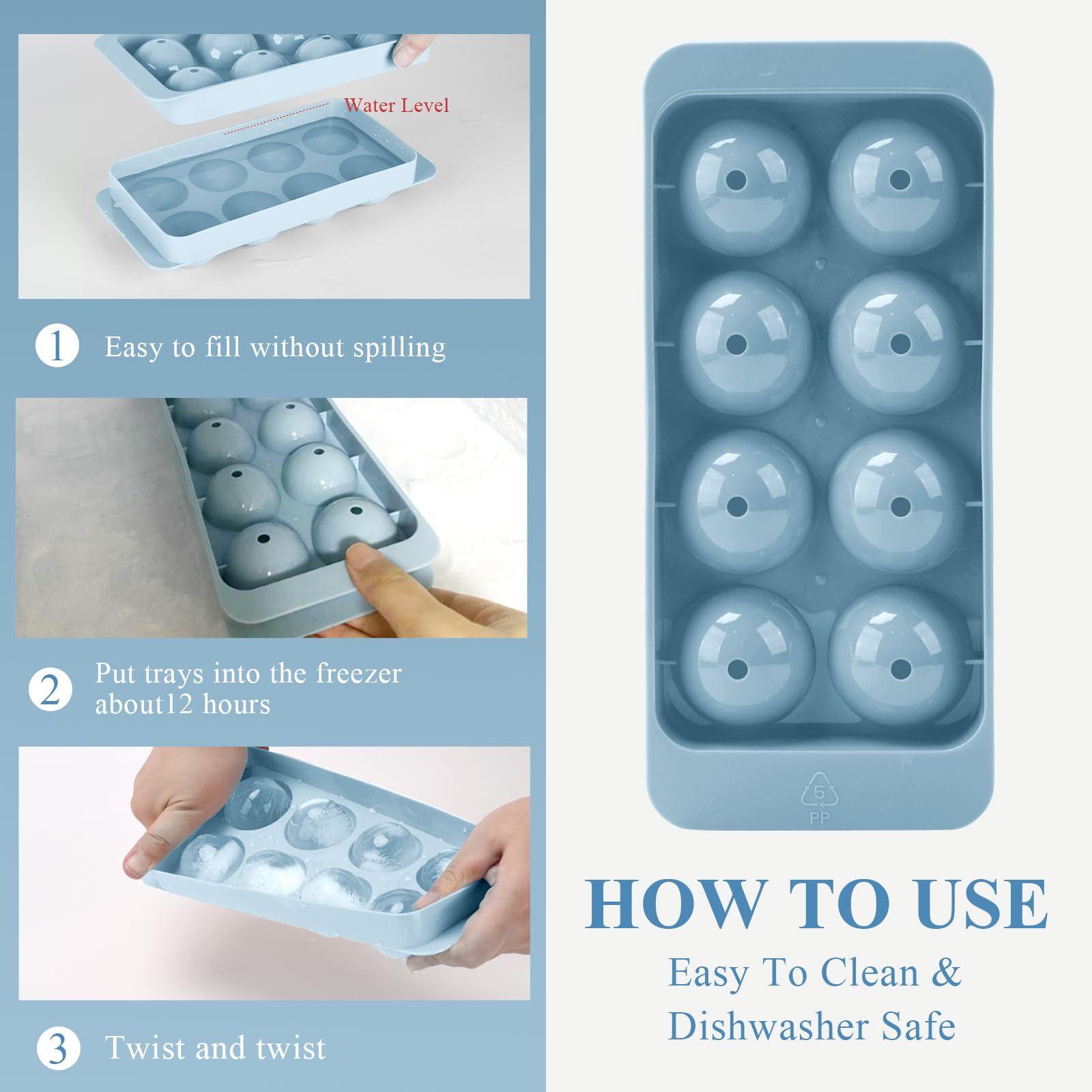 Molde redondo para cubitos de hielo, 8 cubitos de hielo de whisky de 1.8 pulgadas, bandeja circular para cubitos de hielo con tapa, molde grande para hacer bolas de hielo, moldes grandes para