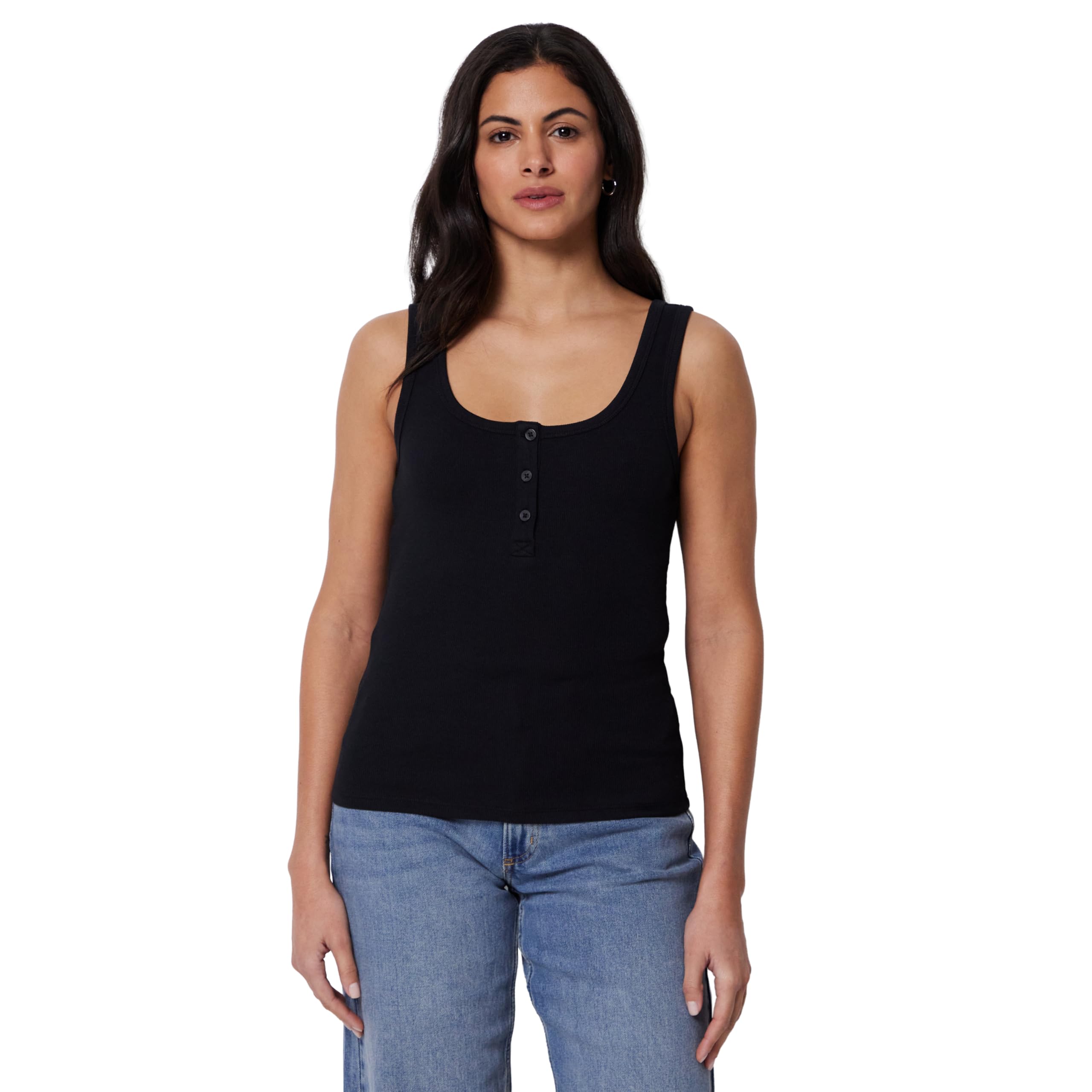 Amazon Essentials Women's Slim-Fit Ribbed Henley Tank, Black, Medium