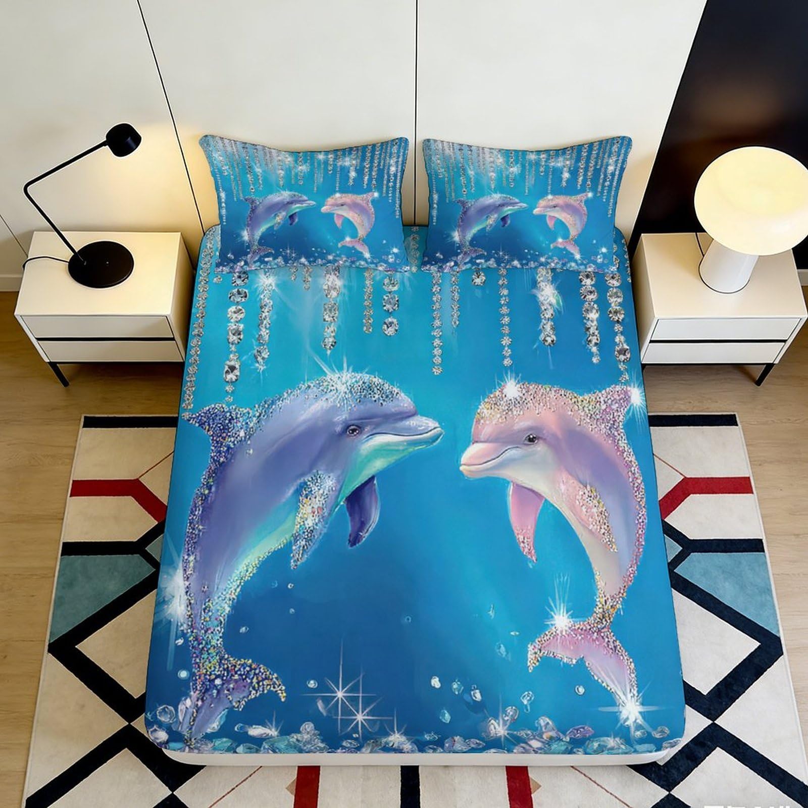 Uynsixtme Style-4 3D Printed Dolphin Fitted Sheet Microfiber Deep Pocket Non-Slip Bedroom Bedding Dolphin Mattress Fitted Cover Washable 200X200x25cm