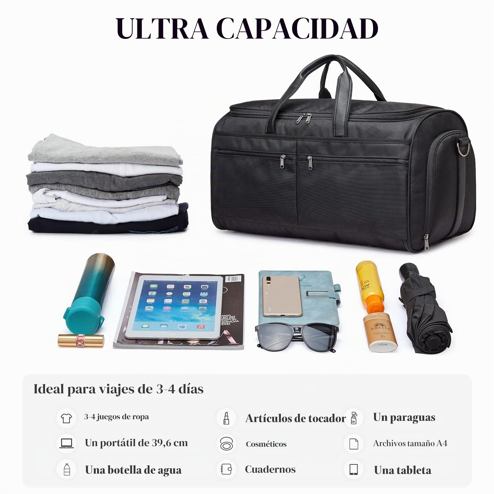 S-Zone Bolsa de Viaje Convertible de 50 litros, Bolsa de Viaje para Hombres y Mujeres, 2 en 1, Maleta Colgante para Traje de Negocios