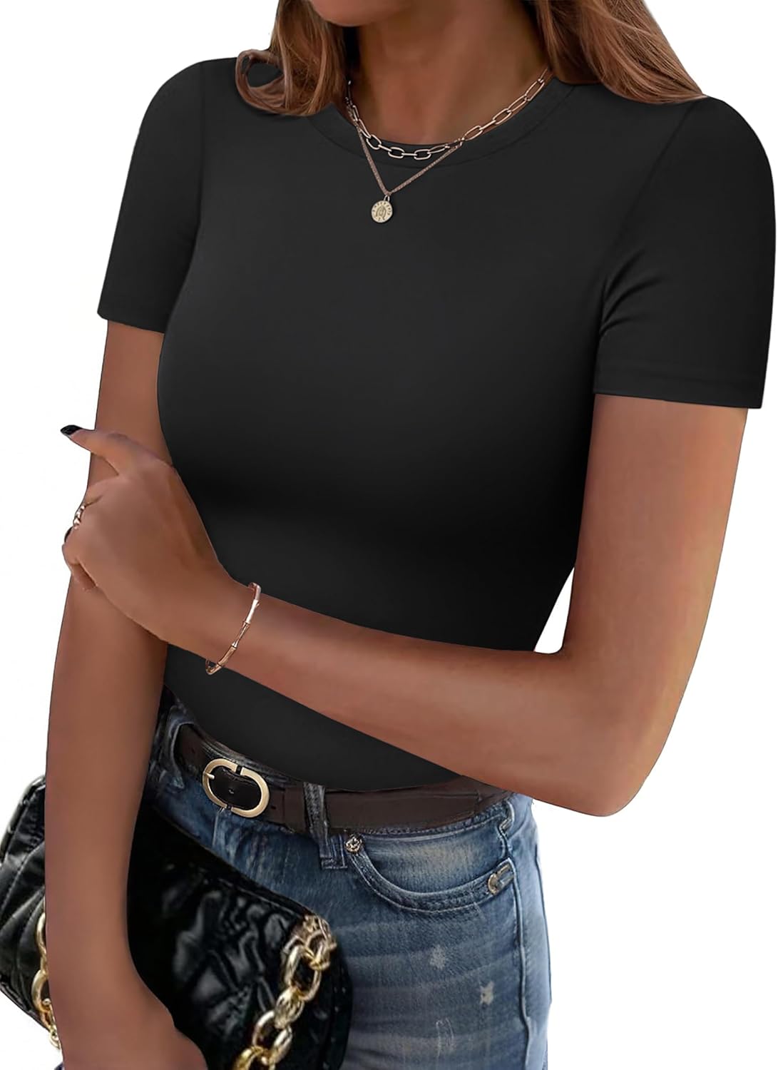 Zeagoo Women Crewneck Slim Fitted Short Sleeve T Shirts Cute Stretchy Bodycon Basic Tee Tops