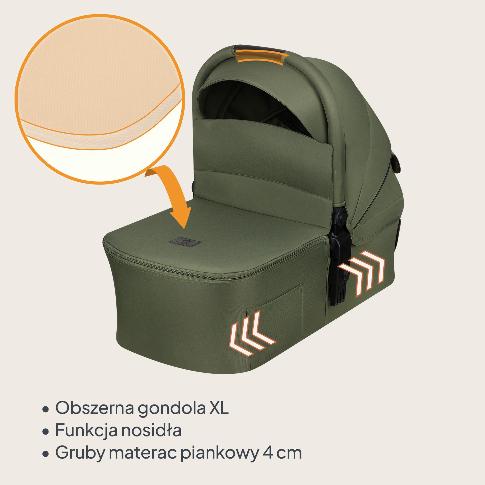 LIONELO AMBER PLUS 2 w 1 Spacerowy Wózek Dziecięcy od 0 do 4 lat do 22kg z Gondolą XL, Regulacja Oparcia, 5 Punktowe Pasy Duże Terenowe Koła 360o Budka XXL Amortyzacja Spacerówka (Zielony)