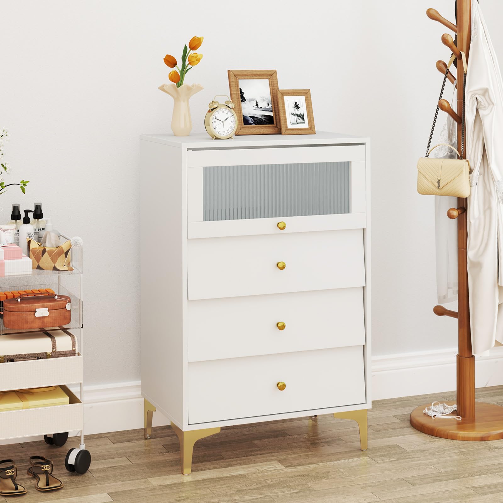 KOMFOTTEU Commode 3 Tiroirs, Armoire à Porte en Verre, 60x40x95,5cm