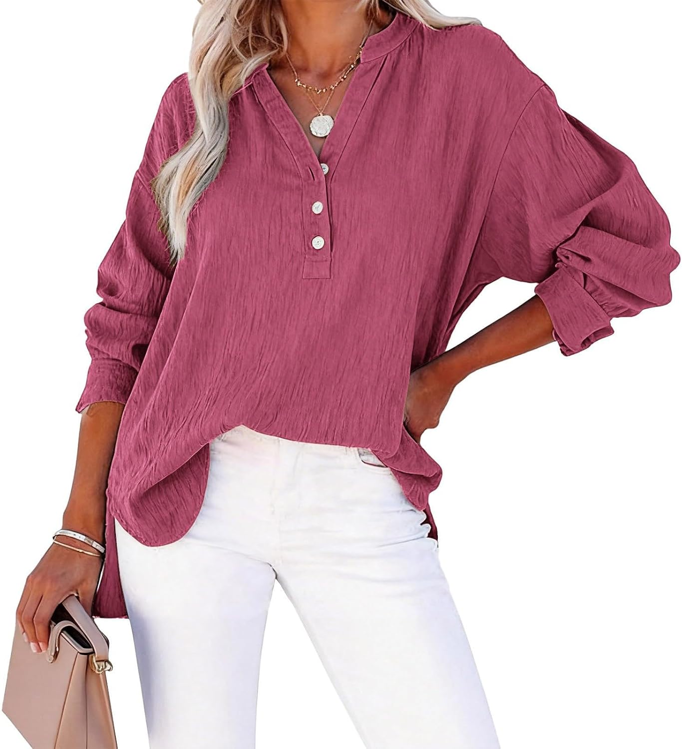 Womens Cotton Linen Henley Shirt Long Sleeve V Neck Button Front Loose Blouse Comfy Spring Fall Casual Pullover Top