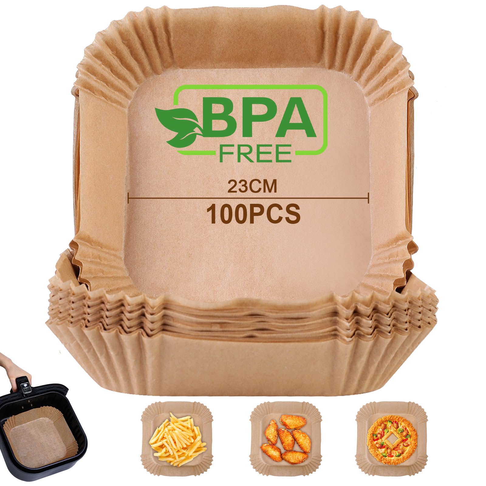 AiQInu Papel de Freidora Aire Cuadrado, 100 Piezas, 23 cm, Food-Grade BPA Free, Desechable para 3-8L de Aceite Antiadherente Global Recycled Standard Global Recycled Standard Global Recycled Standard