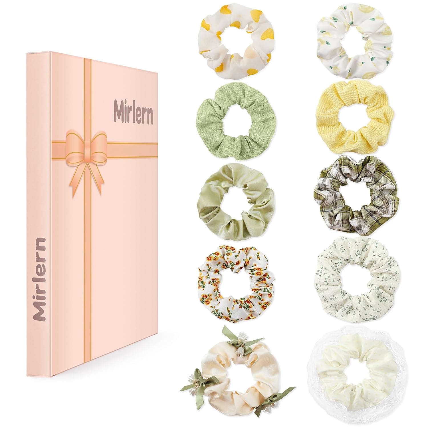 10-Piece Floral Plaid Polka Dot Scrunchies for Women and Girls, No Damage Cute Hair Ties Bulk, Soft Elastic Ponytail Holder Fashion Hair Accessories (Yellow& Green Theme)
