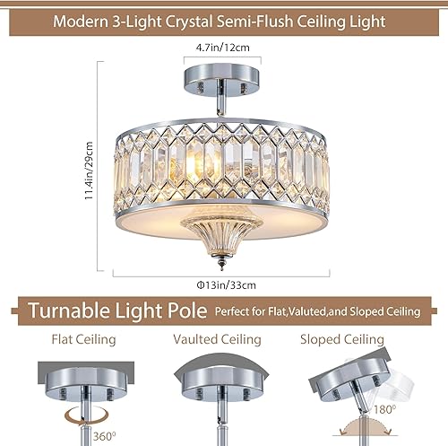 Miniatura 3 de peskoe Modern Crystal Ceiling Light Fixture, 3-Light Chandelier Crystal for Bedroom Living Dining Room Kitchen, Round Chrome Drum Ceiling Lamp, 13