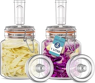 HEFTMAN Gärglas mit Luftschleuse, 1 l, ideal für sichere Gärung, Silikondeckel und Gärgewichte, 2 Stück