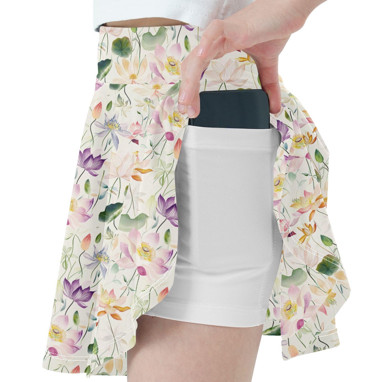 Water Lily Flowers Girls Tennis Skirt with Built-in Shorts Cheer Skirts with Pockets Flowy Little Girl Skorts