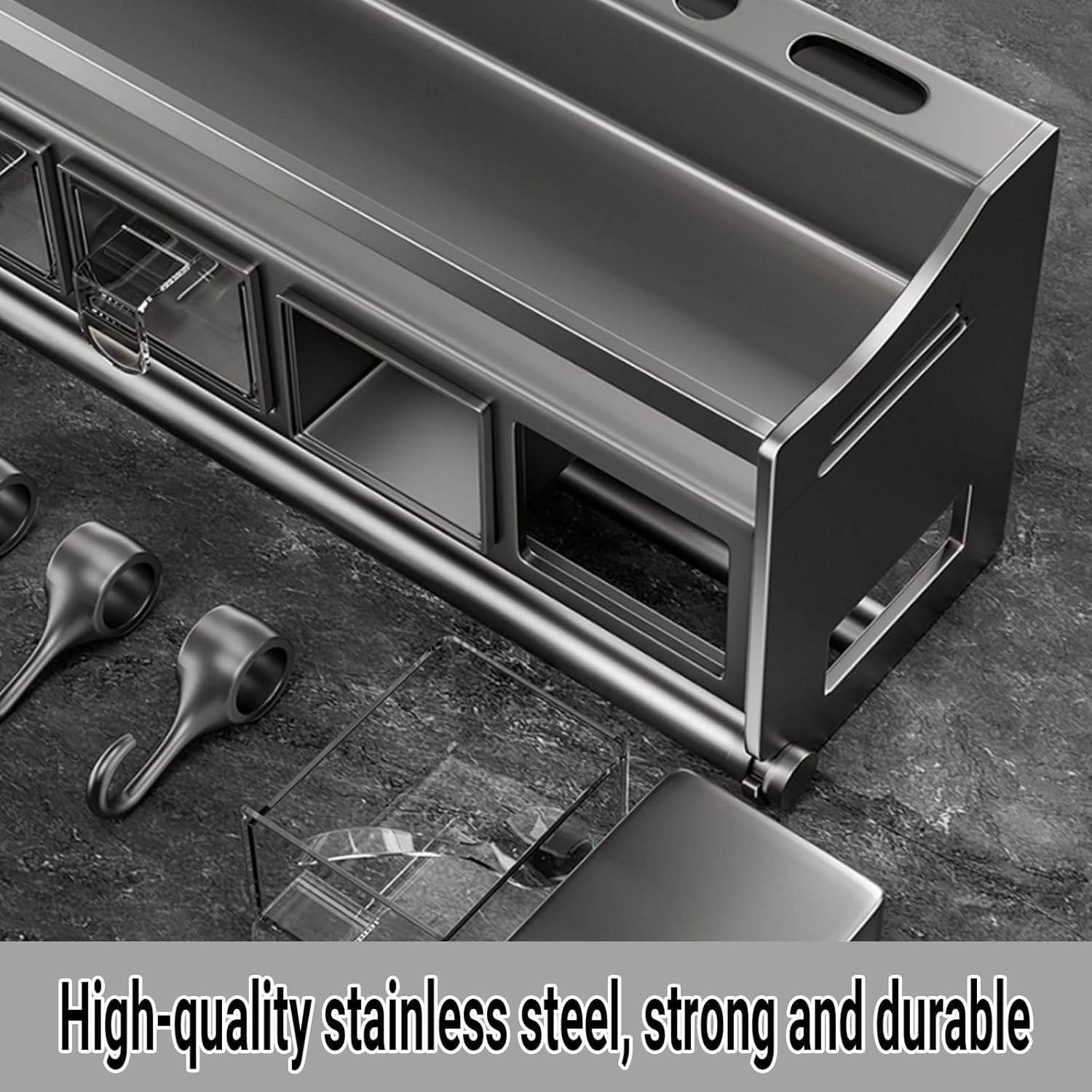 Organizador de especias de cocina, montado en la pared con ganchos para cuchillos y poste para colgar condimentos, solución de almacenamiento multifuncional para especias y utensilios