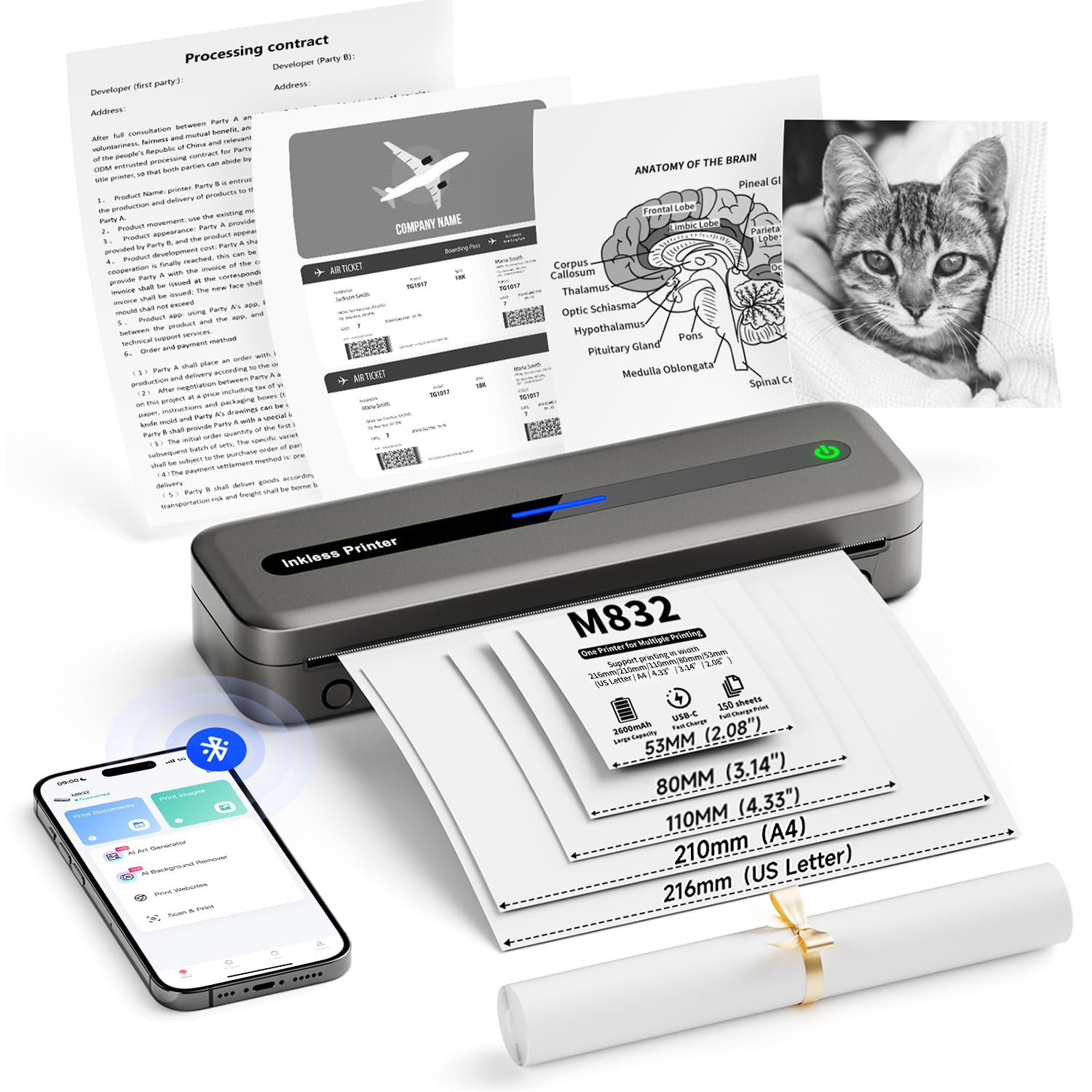 Thermal Portable Printer A4, Wireless, Bluetooth, 300 Dpi, Small Inkless Mobile Printer for Home Use & Travel Office, Compatible with iOS, Android, Windows, & Mac, With Thermal, Grey