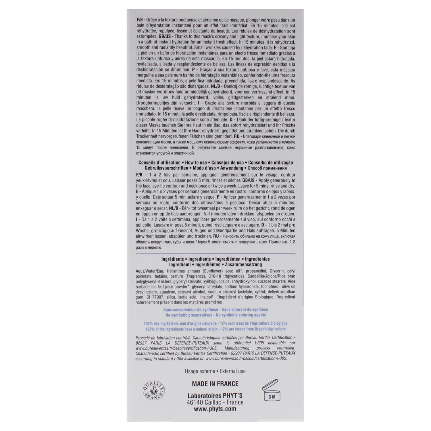 Phyts Hydra Instant Mask - Vegan Face Mask - Replenishes Moisture, Provides Antioxidant Power, Blurs Imperfections - UVA and UVB Protection - 1.35 oz