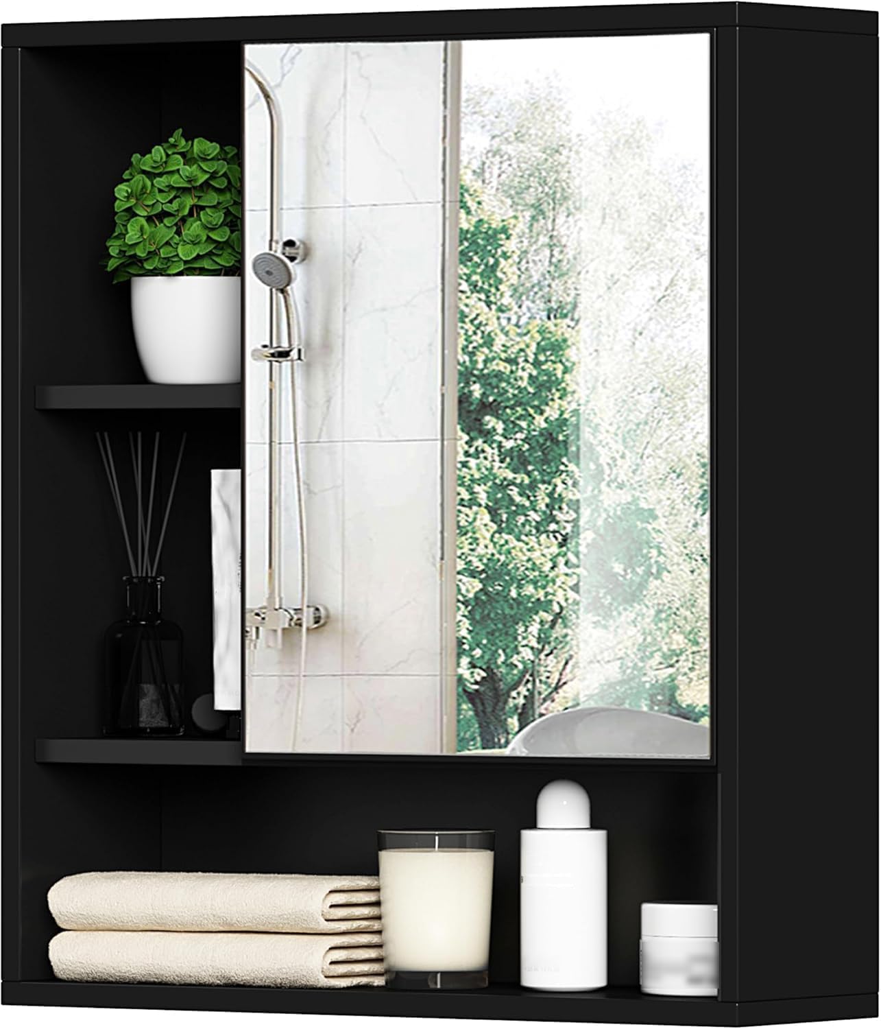 ChooChoo Bathroom Wall Mirror Cabinet, Medicine Cabinet with Single Door and Adjustable Shelf, Over The Toilet Space Saver Storage Cabinet, Black