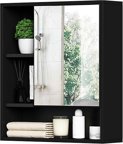 ChooChoo Armario con espejo de pared para baño, botiquín con puerta única y estante ajustable, gabinete de almacenamiento para ahorrar espacio sobre