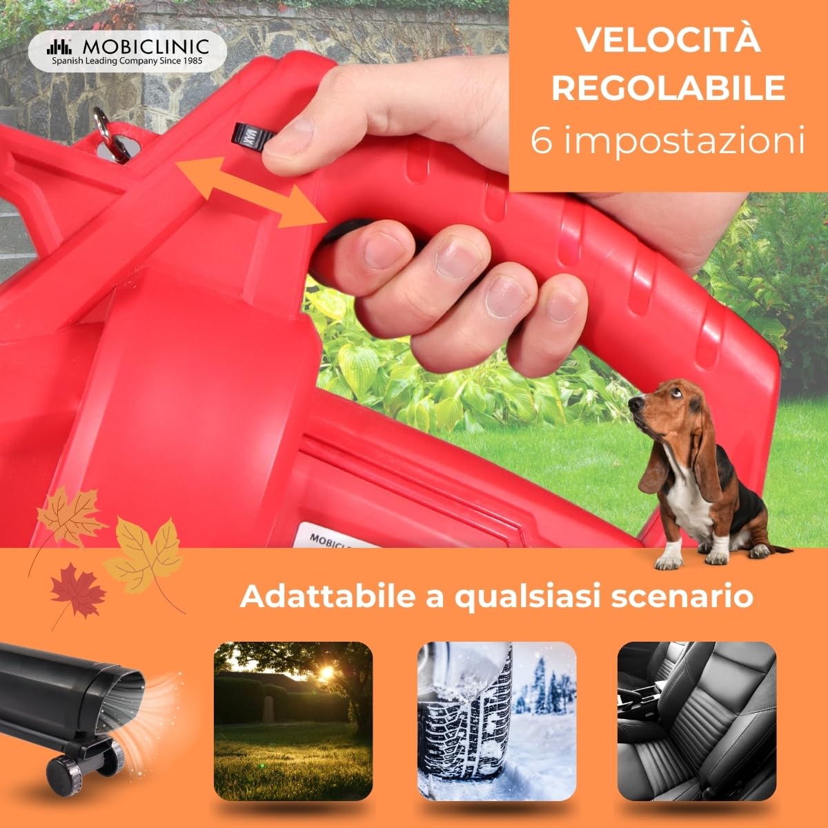Mobiclinic®, Soffiatore, Aspiratore Trituratore di Foglie, 900w, 6 Velocità, Mobiclean, 3 in 1, Leggero, 35l, Marchio europeo, Soffiaggio 270 km/h, Per il Giardino, 220v, Tracolla