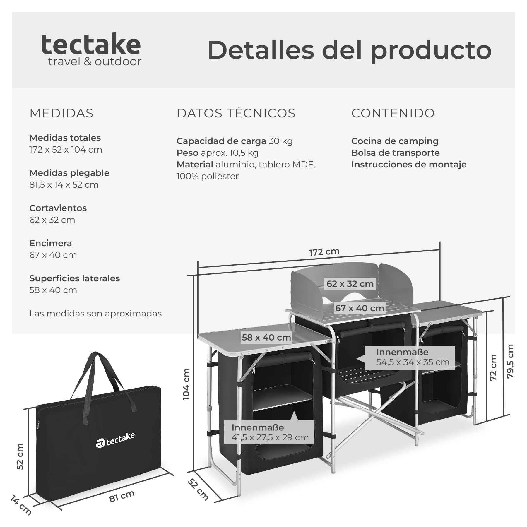 TecTake® Cocina de Camping Plegable Ligera con Bolsa de Transporte, Mesa y Armario de Cocina - Negro