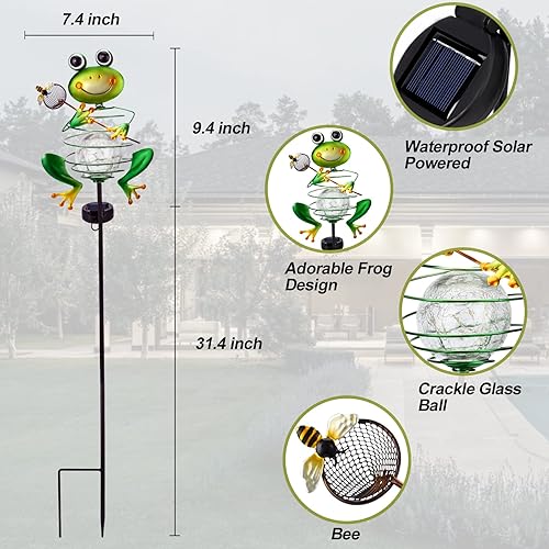 Miniatura 6 de Luz solar de jardín de rana, luz de estaca de metal con globo impermeable de vidrio agrietado, LED de energía solar para jardín, césped, patio,