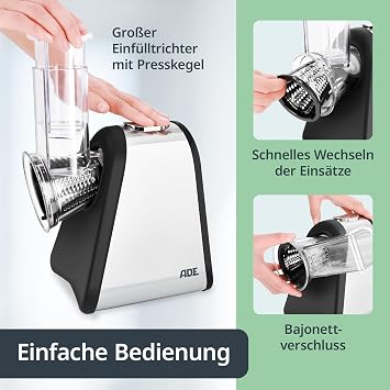 ADE Vegetable Grater Electric Grater 500 Watt Power Stainless Steel Housing Extra Sharp Blades Inoxidable Silver