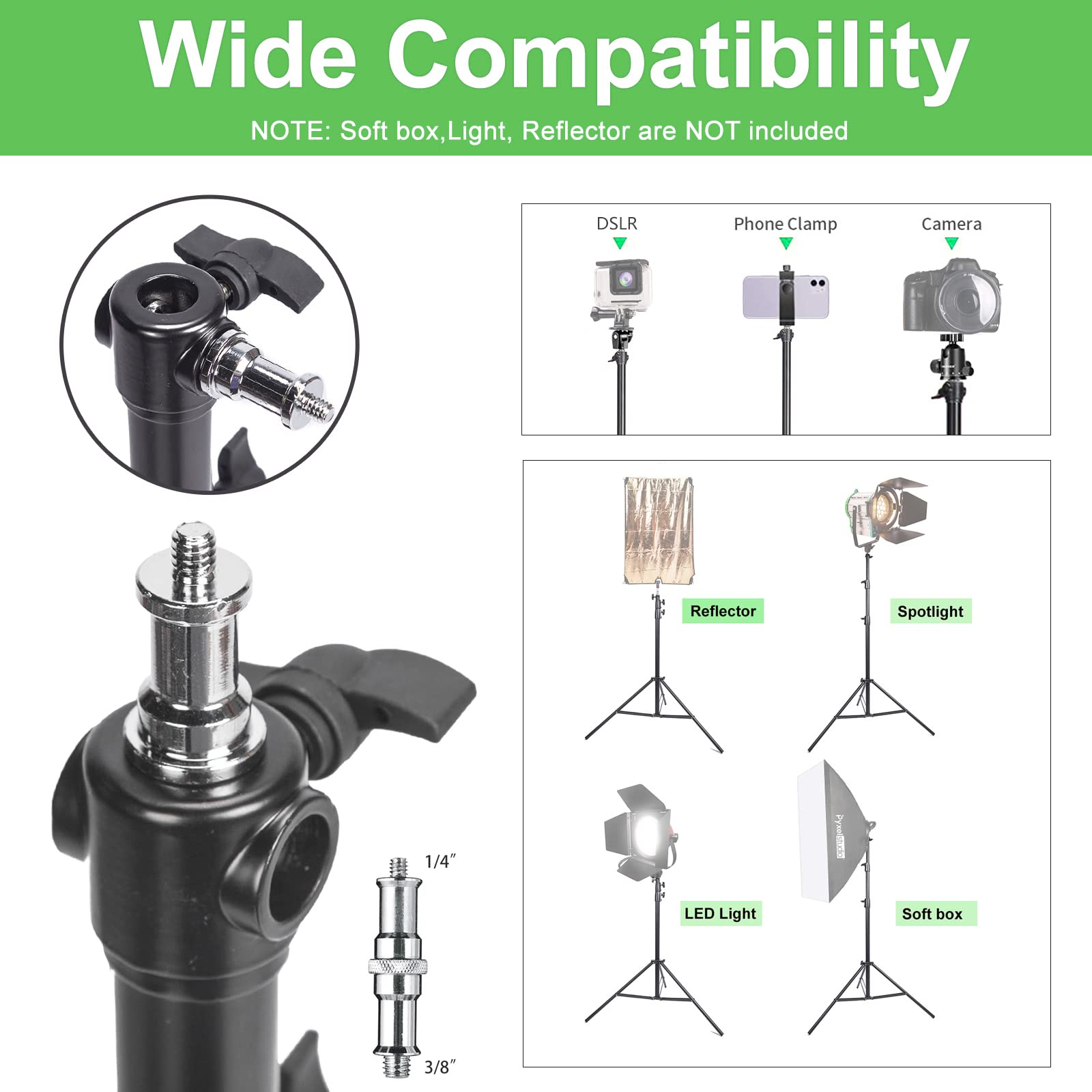 Supporto per luce fotografica da 260 cm con ruote girevoli, supporto leggero imbottito ad aria resistente con perno da 1/4" e 3/8" in acciaio inox per luce video da studio, stroboscopio