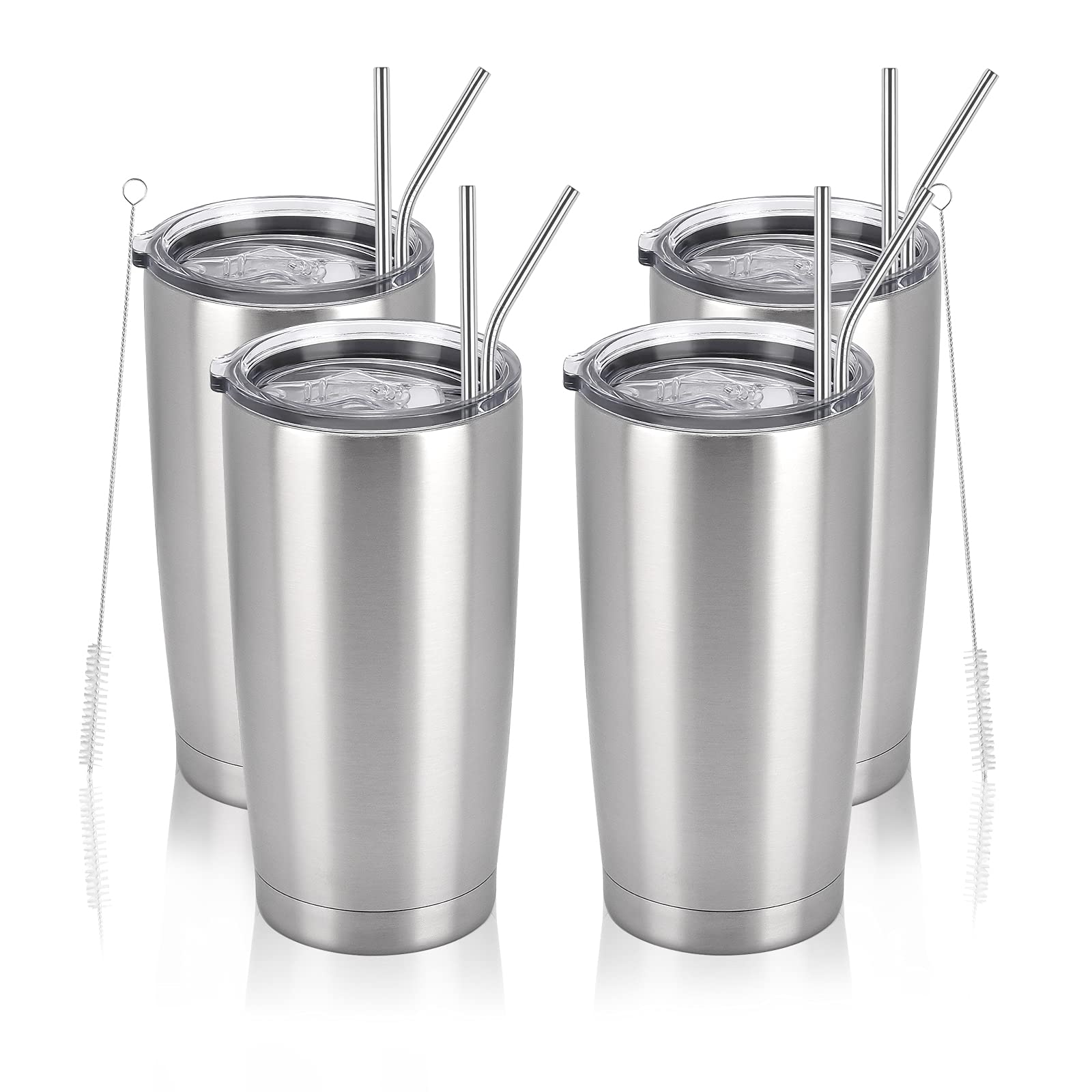 Lifecapido 4 Pack Travel Tumblers, 20 Oz Stainless Steel Tumblers with Lids Straws, Double Wall Vacuum Insulated Travel Tumblers, Powder Coated Insulated Coffee Cup for Hot and Cold Drinks, Silver