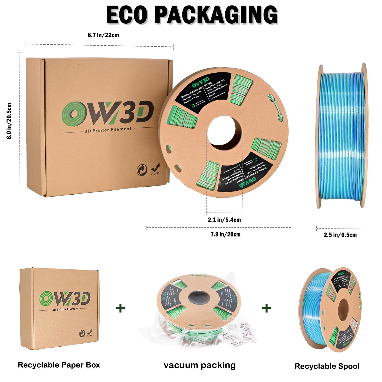 OVV3D Filament PLA 1,75 mm trójkolorowy, filament do drukarki 3D, jedwabny filament PLA, tęczowy filament PLA z jedwabnym PLA, błękitny, różowo-czerwony i zielony, filament do drukowania 3D +/-0,02