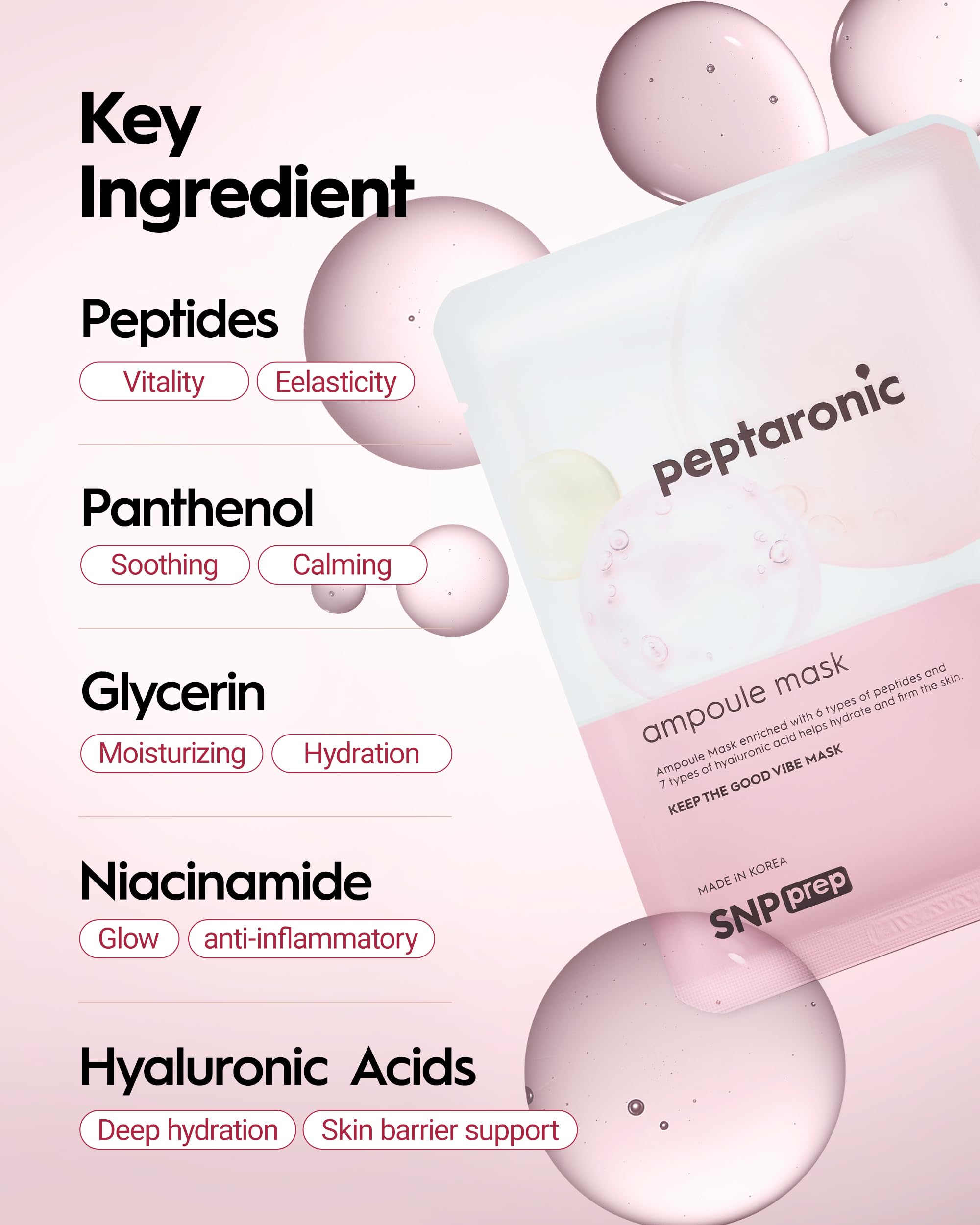 SNP Prep Peptaronic Ampoule Sheet Mask, Korean Facial Mask with 6 Peptides, 5 Types of Hyaluronic Acid - Image 4