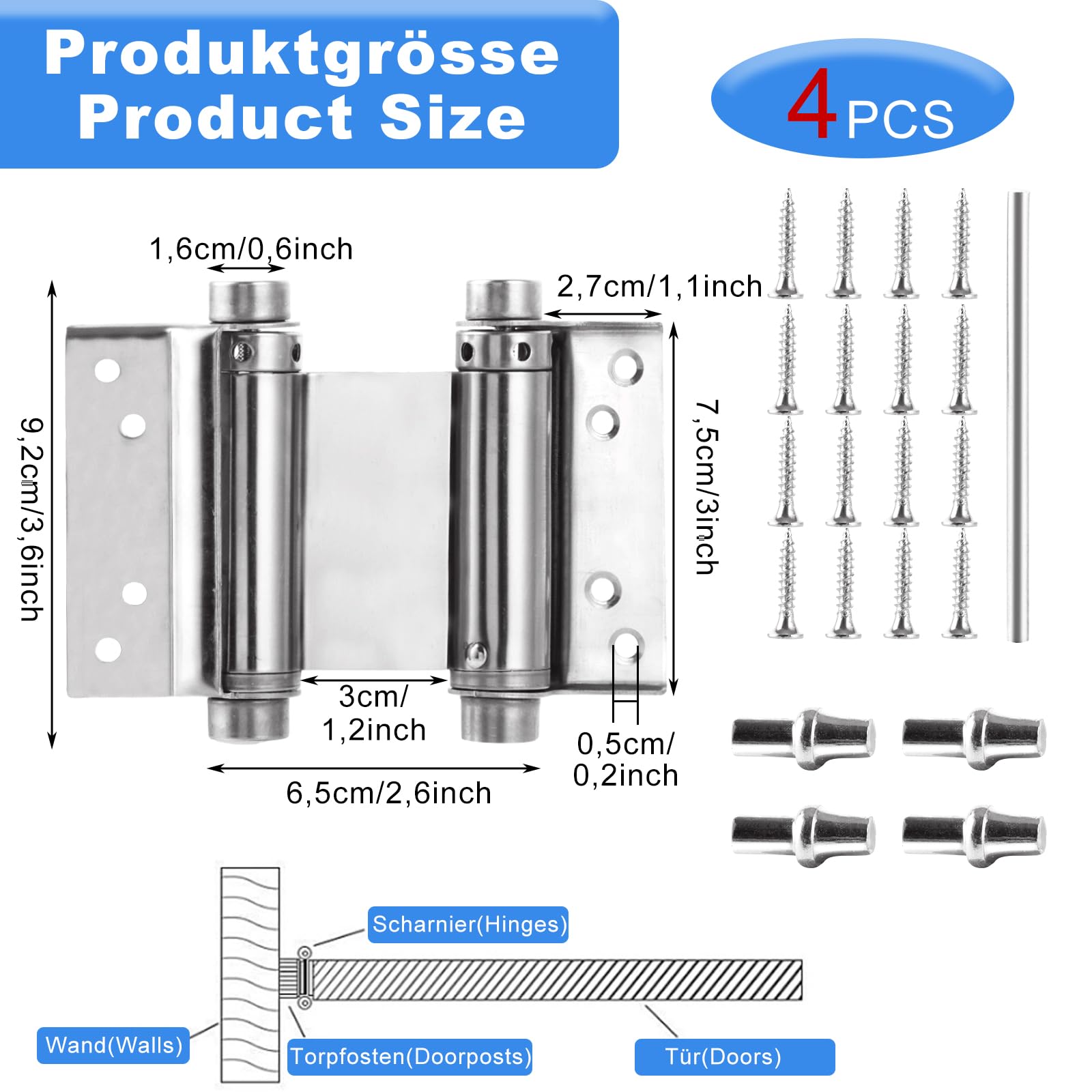4 zawiasy do drzwi wahadłowych ze stali nierdzewnej, 120 mm zawiasy do drzwi wahadłowych, samozamykające się, nośność 10 kg, zawias sprężynowy do drzwi wahadłowych, lad i drzwi drewnianych (3