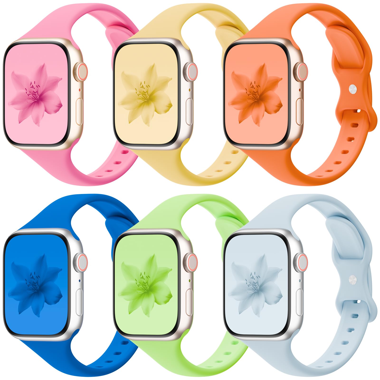 6 Pack Thin Slim Bands Compatible with Apple Watch 38mm 40mm 41mm 42mm 44mm 45mm 46mm 49mm Women Men, Replacement Soft Silicone Sport Strap for iWatch