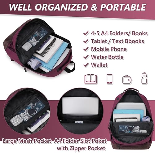 Miniatura 5 de VX VONXURY Mochila para hombres y mujeres, mochila ligera con múltiples bolsillos, mochila de viaje clásica resistente al agua, Mediano-borgoña,