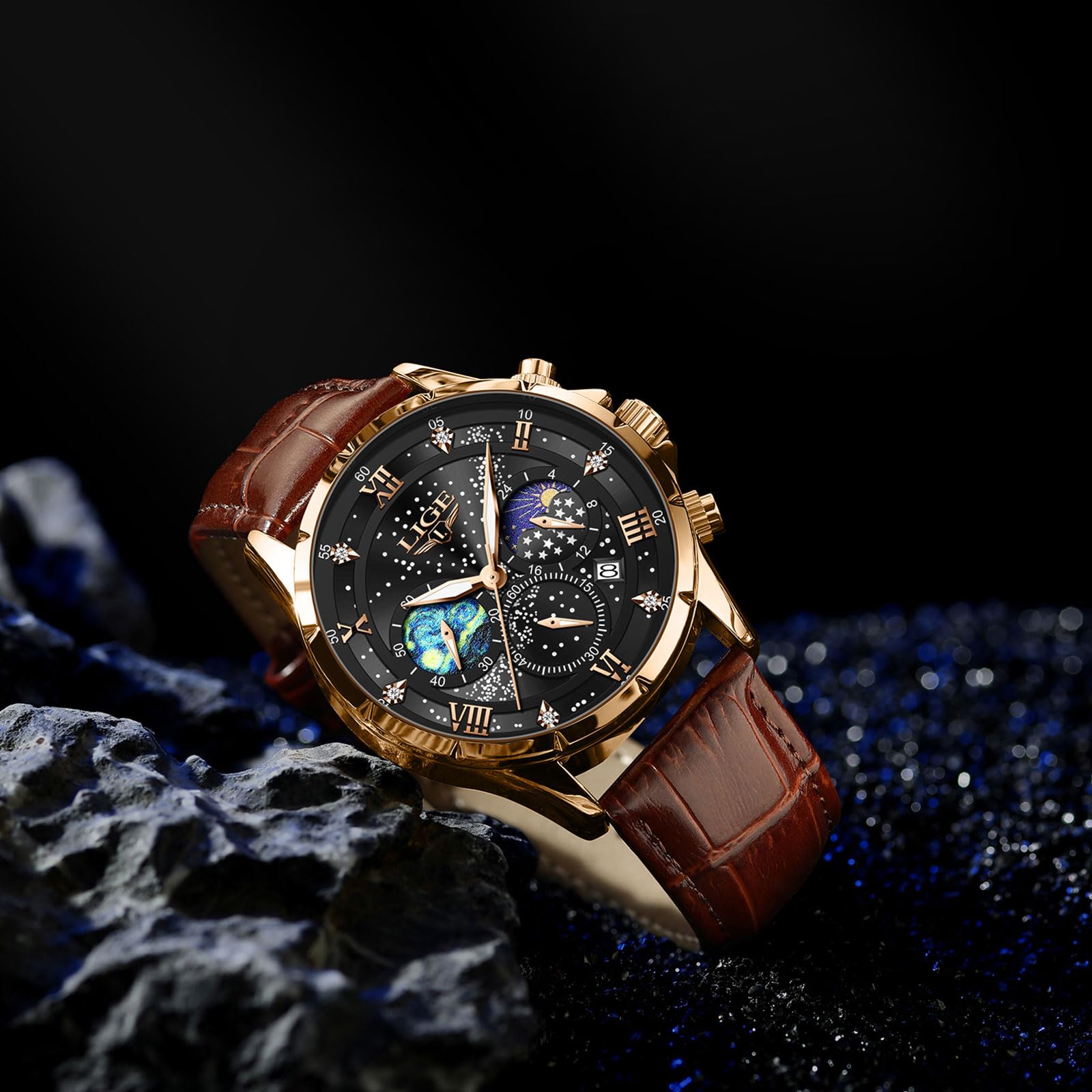 LIGE Orologio da polso da uomo, analogico, impermeabile, cronografo, casual, in pelle, impermeabile, display con fasi lunari, al quarzo, con data e luminoso, orologio da polso da uomo, Oro Nero