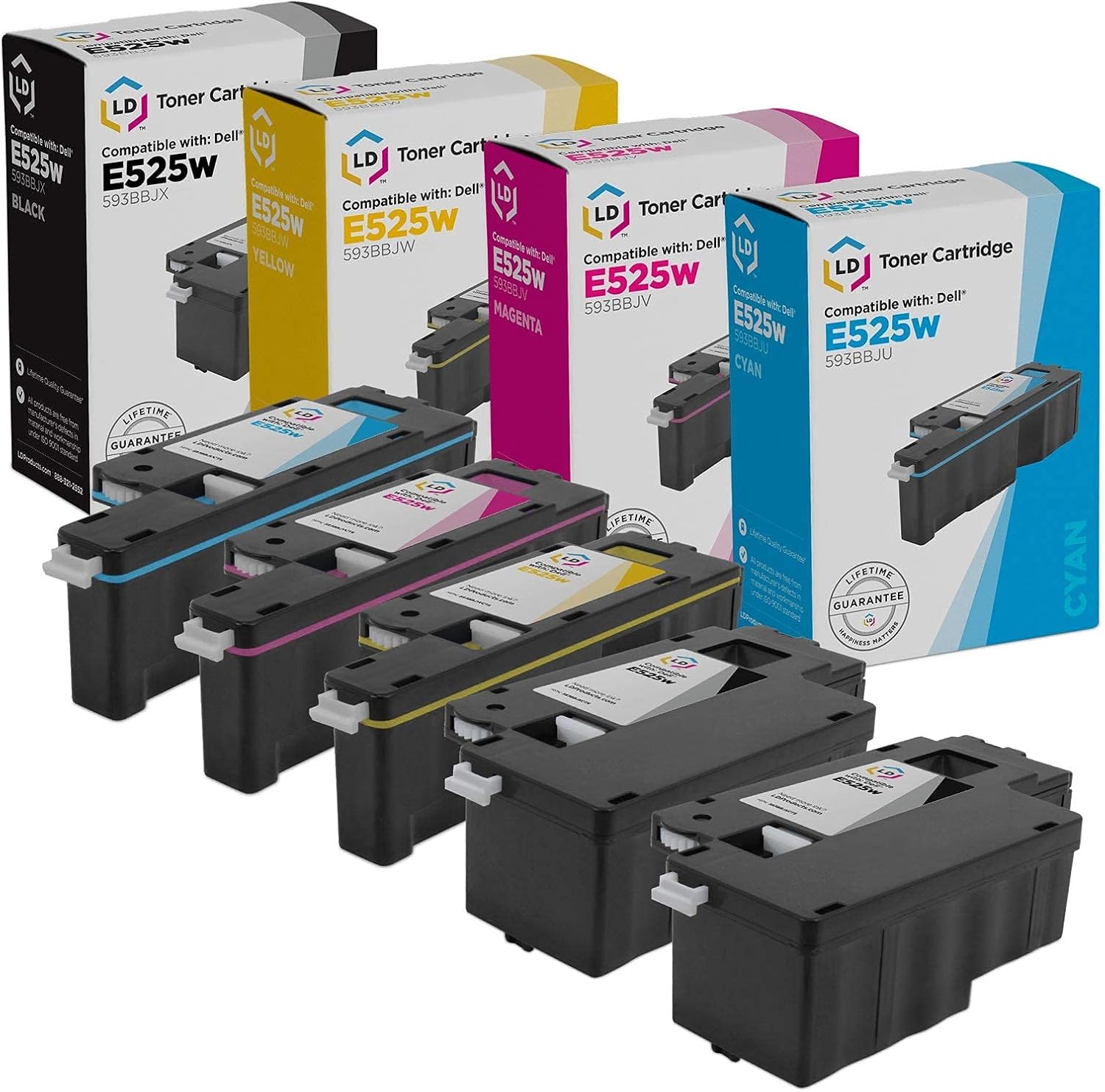 LD Products Compatible Toner Cartridge Replacement for Dell Toner E525 593-BBJX 593-BBJU 593-BBJV 593-BBJW Multi-Function E525w E525w (2 Black, 1 Cyan, 1 Magenta, 1 Yellow, 5-Pack)