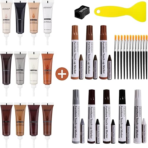 SEISSO - Juego de reparación de madera 12 rellenos de muebles de madera con 8 marcadores de reparación y 8 varillas de cera todo en uno para