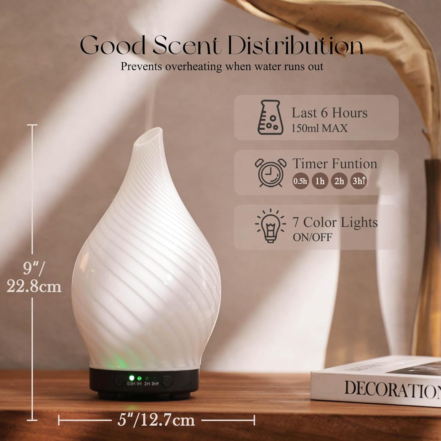 Porseme 150ml Essential Oil Diffuser Glass Color Changing Aroma Air Diffusers Aromatherapy Ultrasonic Cool Mist Humidifier 6 Running Hours Waterless Auto-Off for Sleeping Yoga Office Spa (Pure White) - Image 3