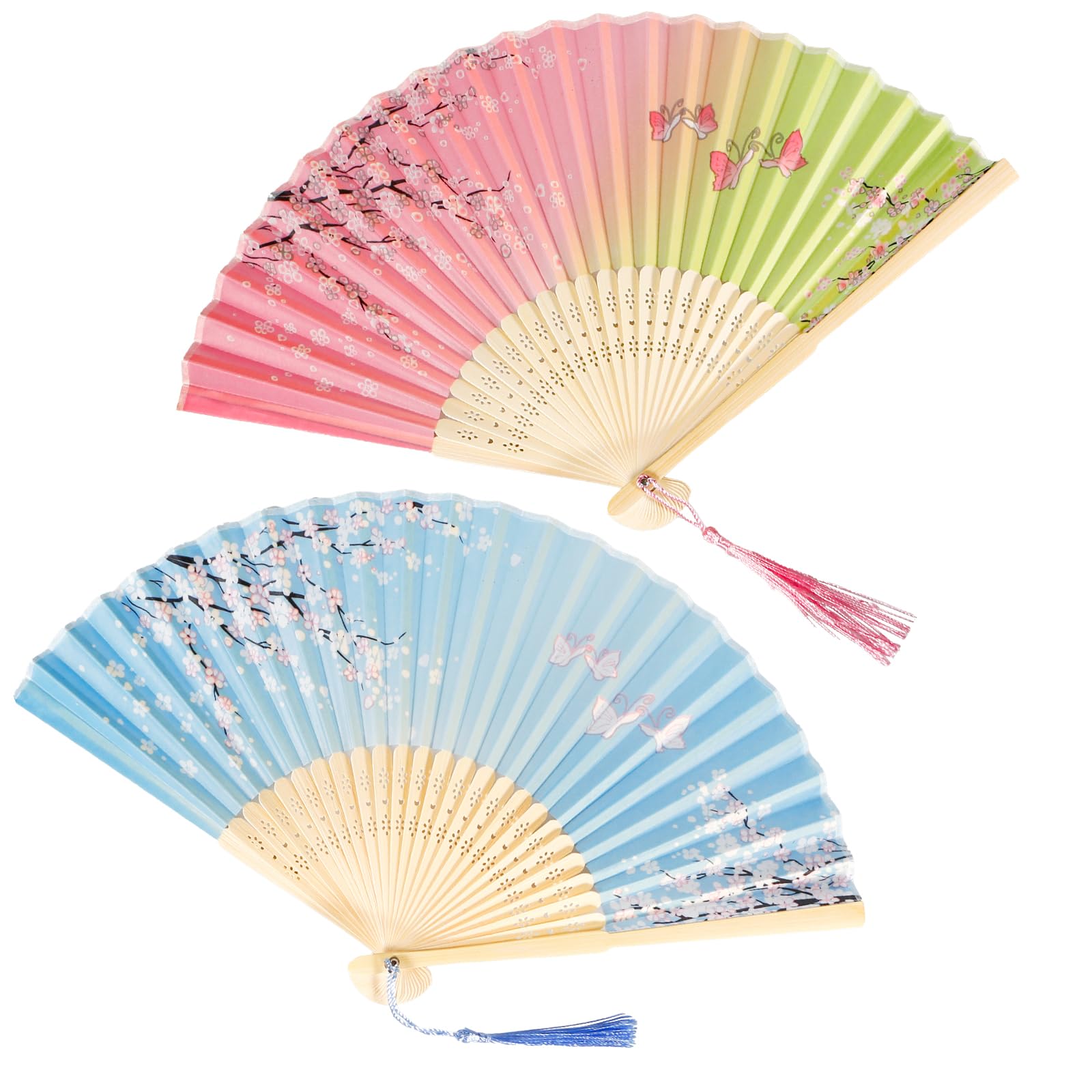 Geukmun Handheld Folding Fan, Chinese Paper Fan with Tassel for Women, Hand Held Fans for Wedding Dancing Cosplay Birthday Gift, Pack of 2(Pink and Blue)