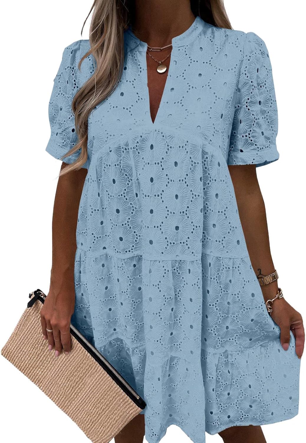Imily Bela Womens Summer Lace Dresses Eyelet Casual Flowy Babydoll Swing Short Sleeve V Neck Tunic Dress