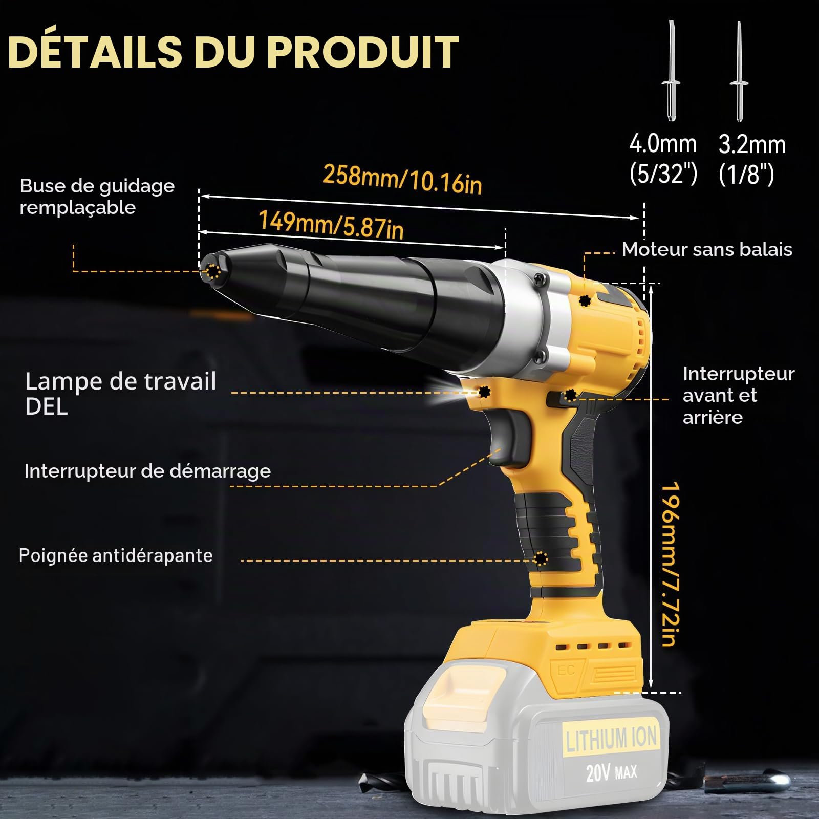 Pistolet à Riveter Sans Fil compatible avec Dewalt Batterie 18V (sans batterie), Riveteuse à Batterie Automatiques avec 40 Rivets pour 1/8" et 5/32" pour Métal, Plastique et Cuir