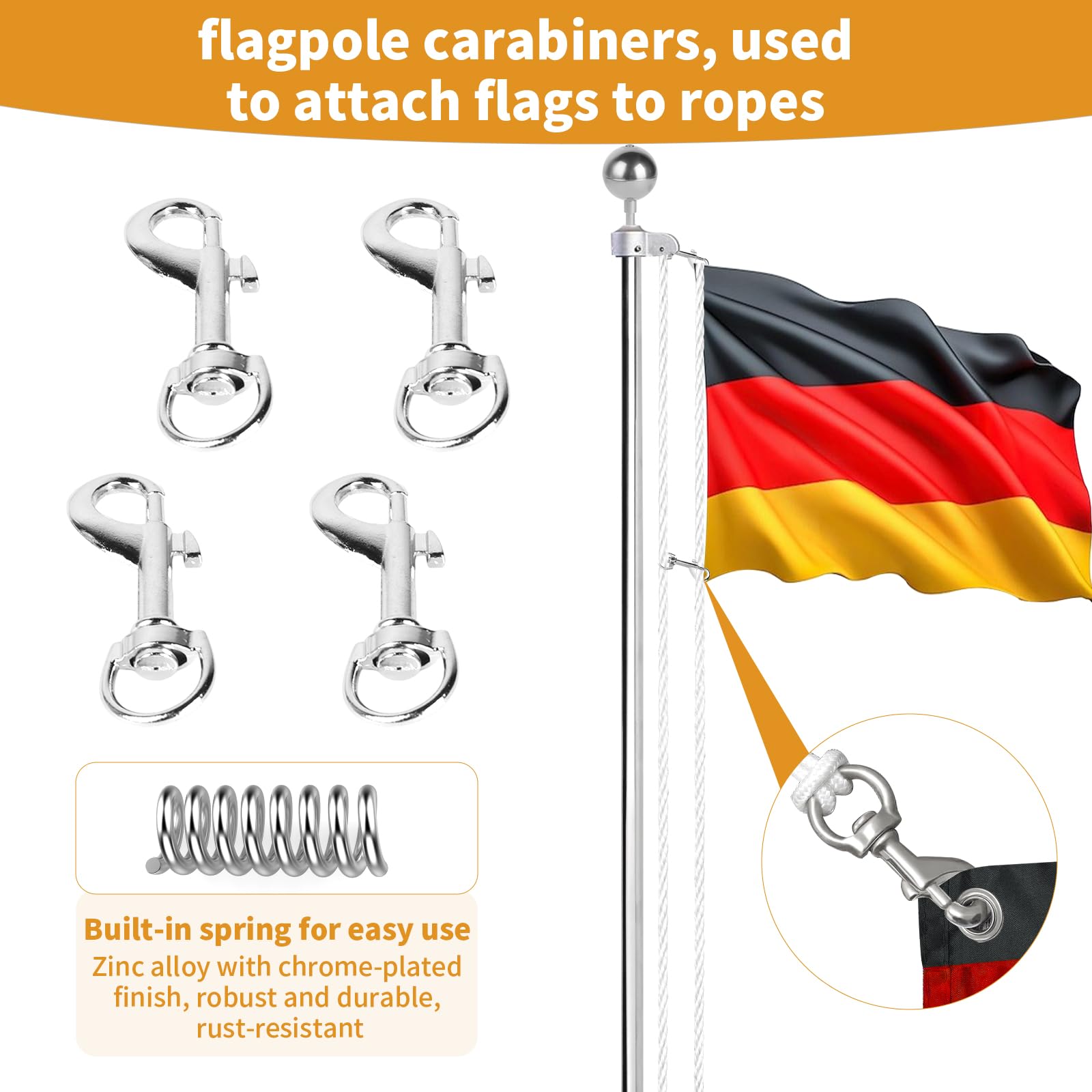 DBREAKS Fahnenmast Zubehör Set für Ø 5,1 cm Mastspitzen, Fahnenmast Reparaturset inkl.Kugel, 15m Seil, 4 Karabiner, Klampe, Topper mit Seilrolle, für Gartendekoration Heimgebrauch Außenbereich, Silver