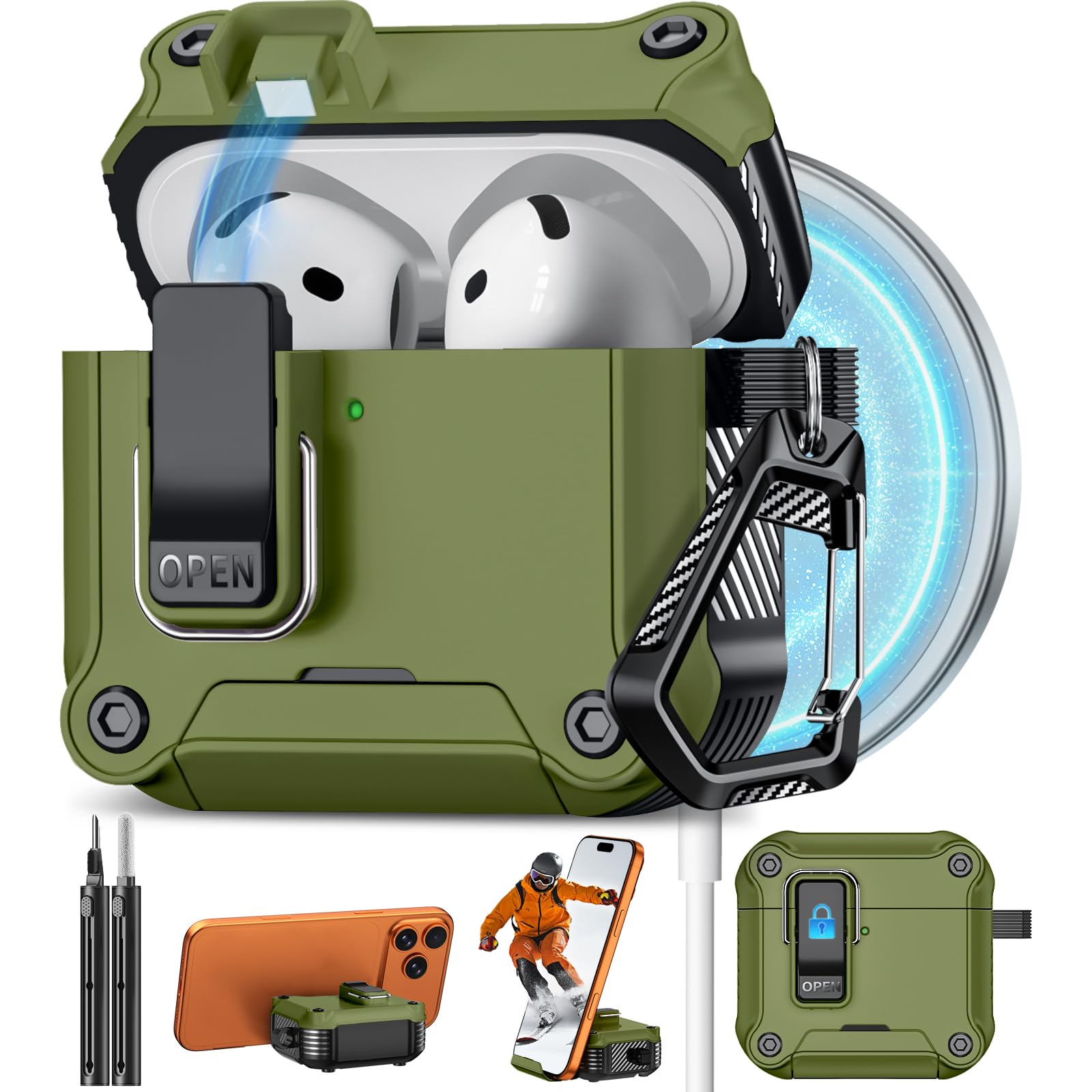 Pohgelan for AirPods 5/4 Case (2026/2024) with Safety Lock-Dark Green