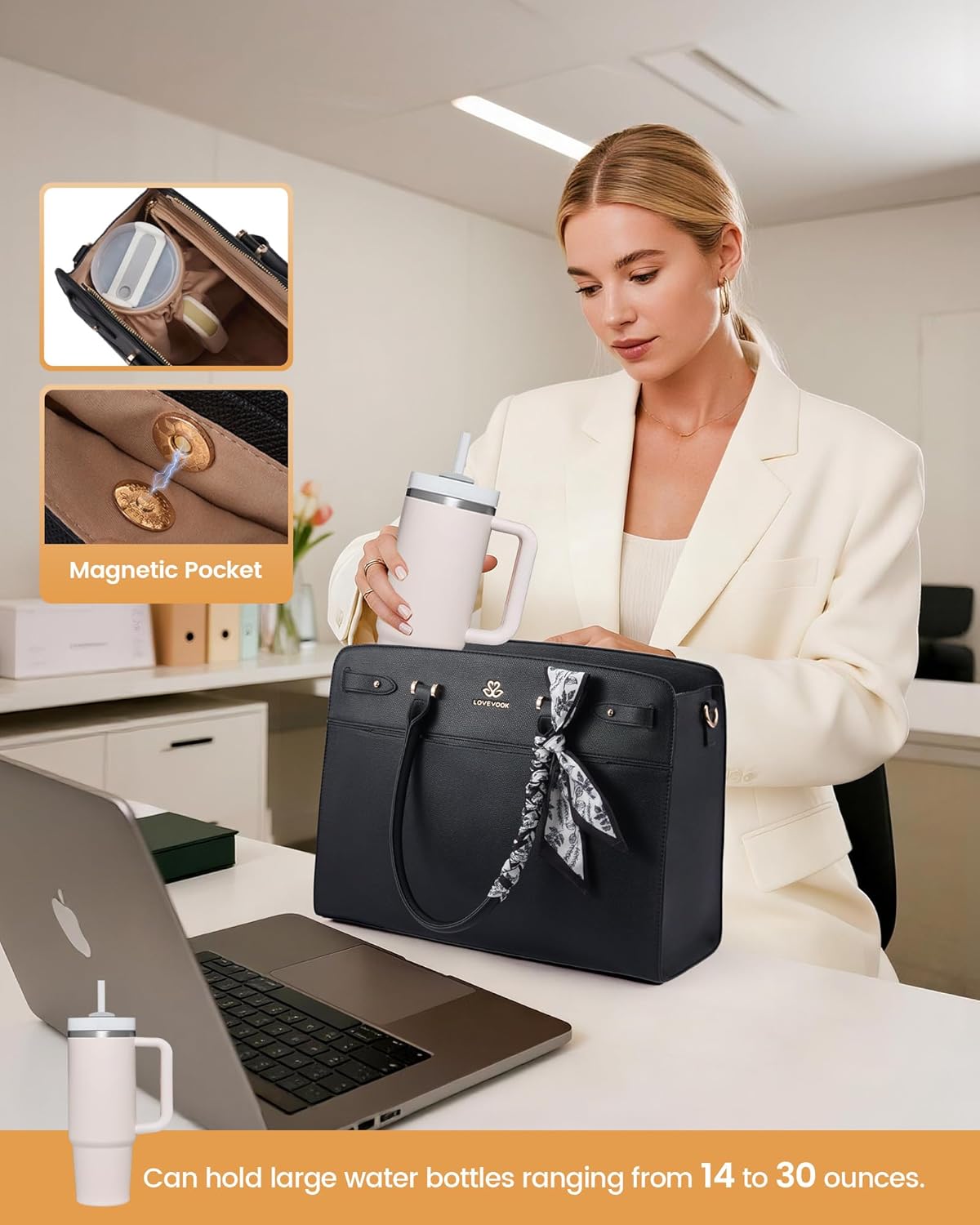 LOVEVOOK Laptop Tote Bag for Women, PU Leather Work Bag Waterproof Briefcase Handbag for Teacher Business with Silk Scarf - Image 2