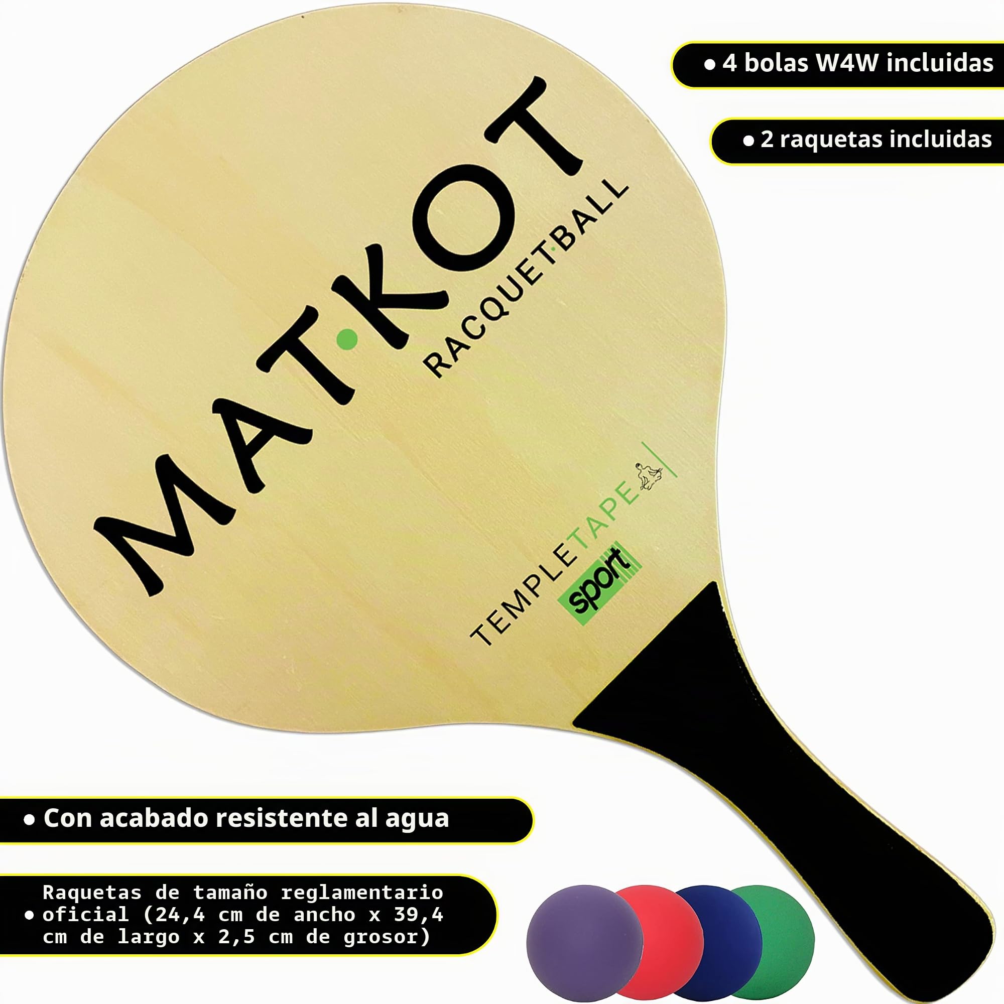 W4W Kadima Beach - Juego de Raqueta de balón de Pala, Paquete Incluye 4 Bolas y 2 paletas