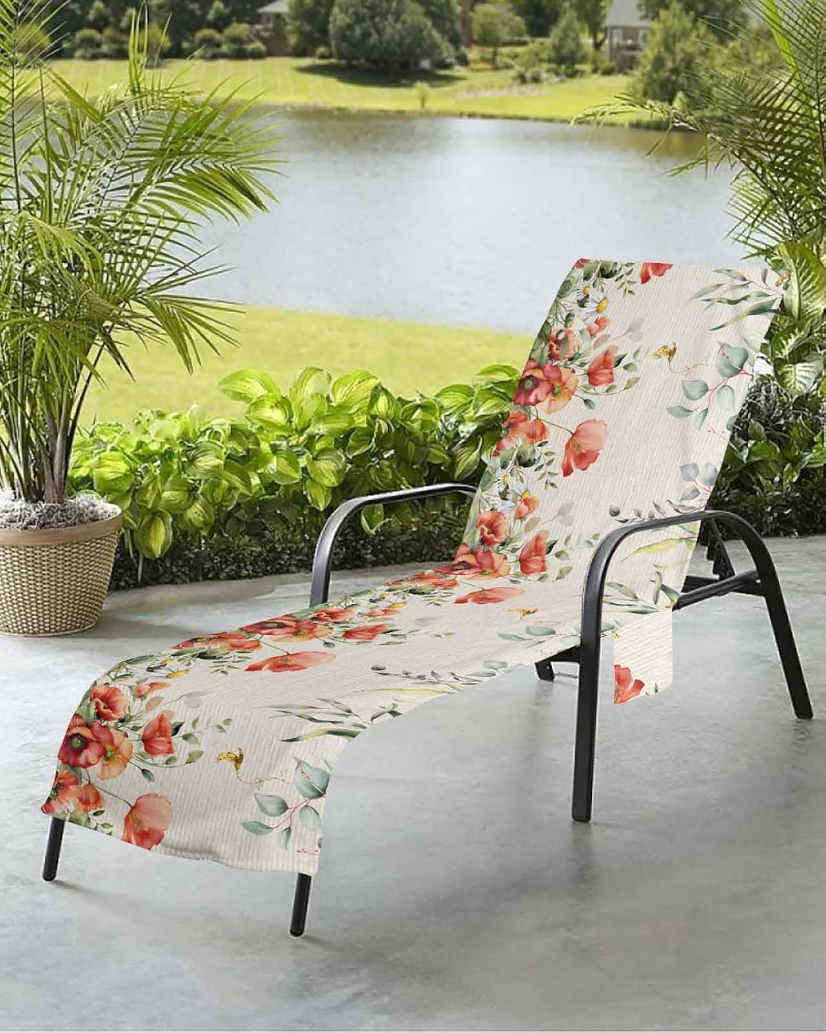 Eucalyptus Poppies Beach Pool Patio Lounge Chaise Chair Cover Towel With Pockets,Absorbent & Quick Dry Microfiber Towel Cover Bag Summer Sunbathing Accessories Country Rustic Botanical Flower Plant